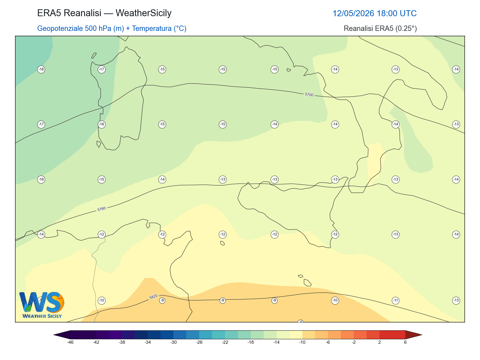 Geopotenziale 500 hPa + Temperatura · 2026051218