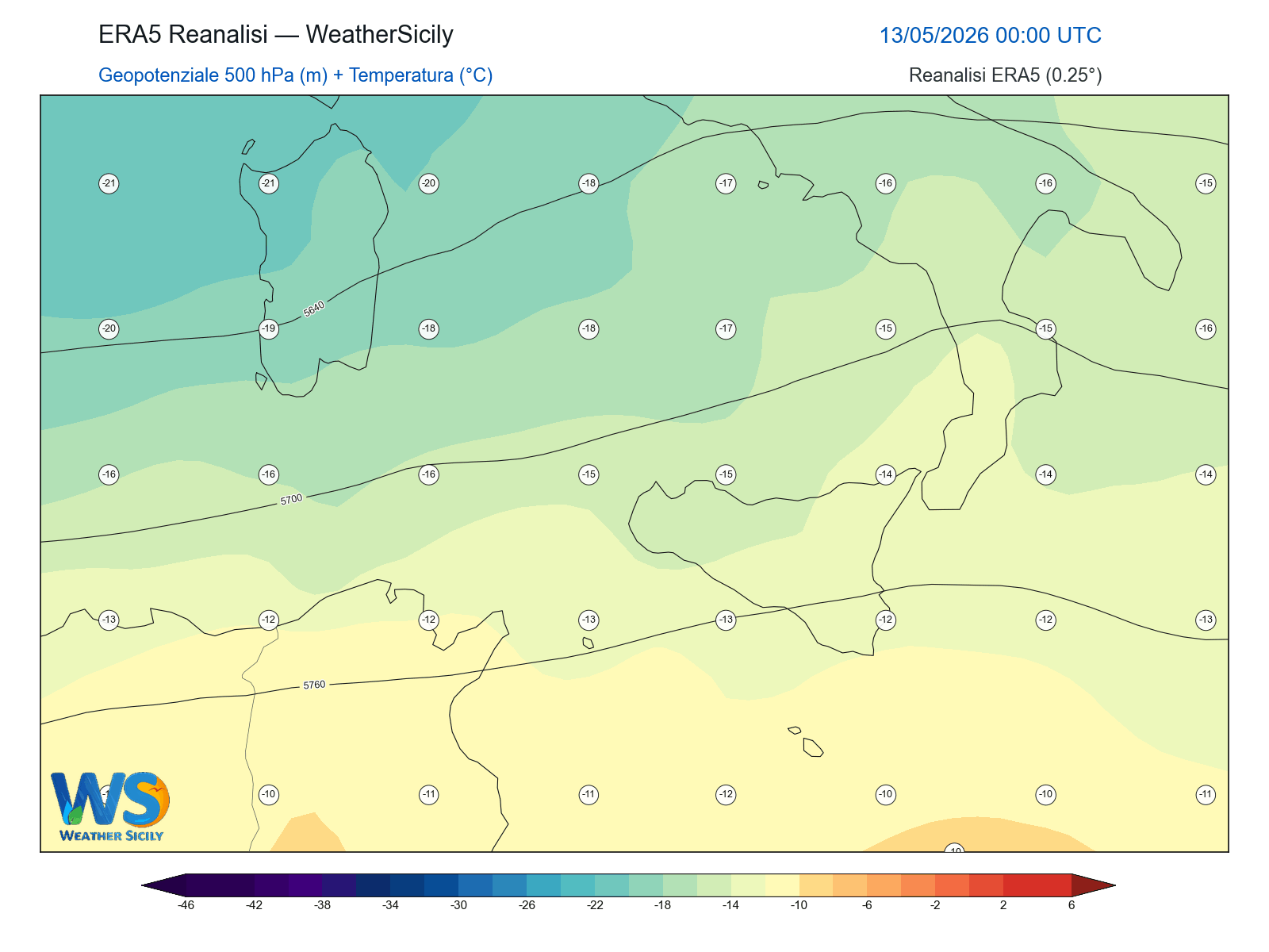Geopotenziale 500 hPa + Temperatura · 2026051300