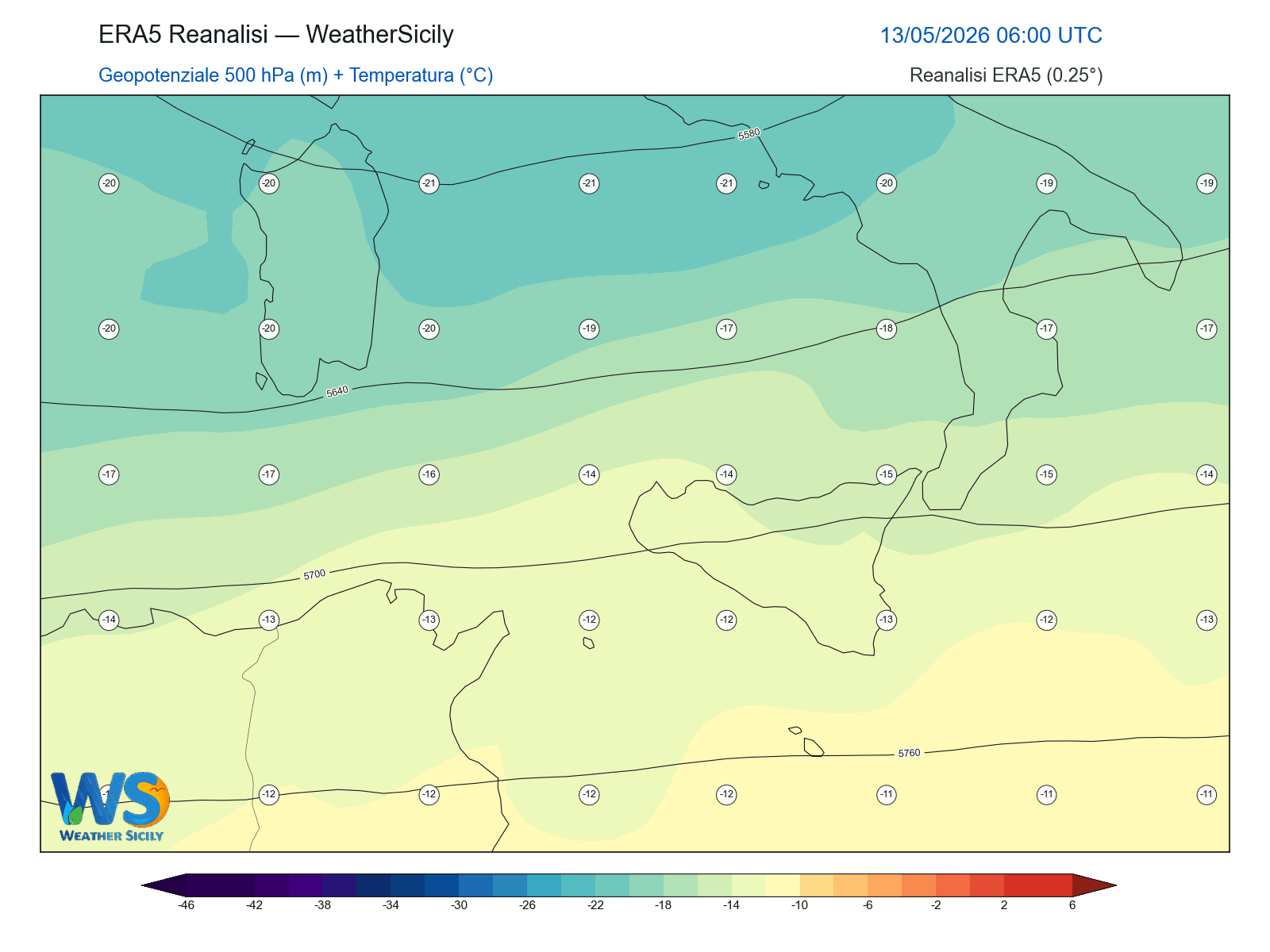 Geopotenziale 500 hPa + Temperatura · 2026051306