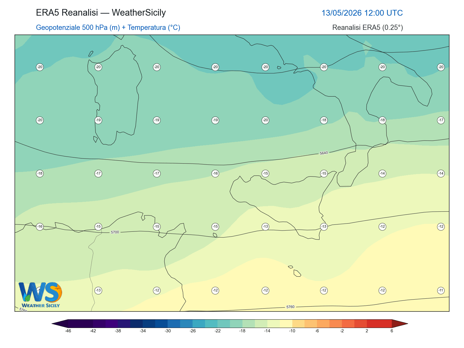 Geopotenziale 500 hPa + Temperatura · 2026051312