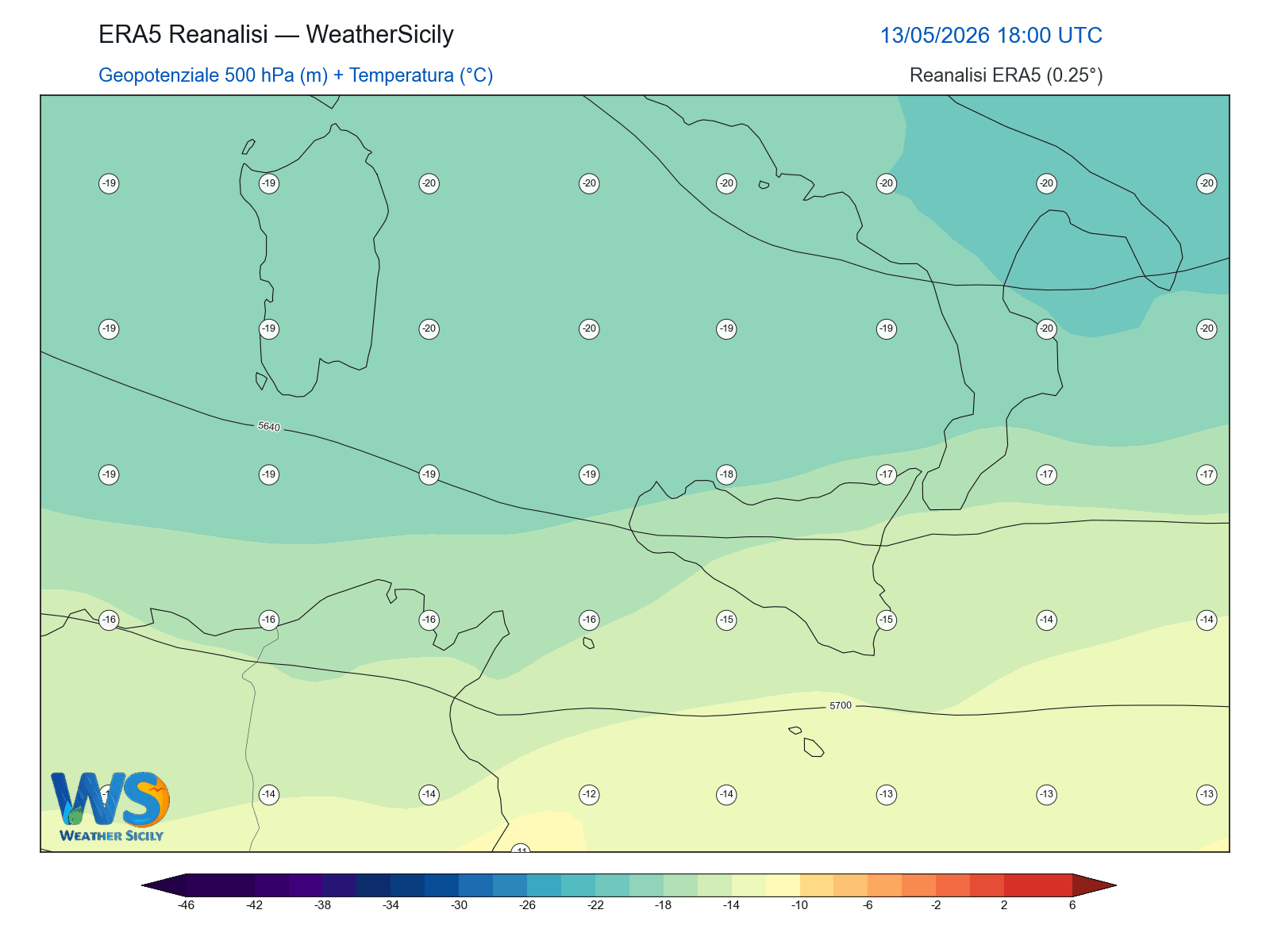 Geopotenziale 500 hPa + Temperatura · 2026051318