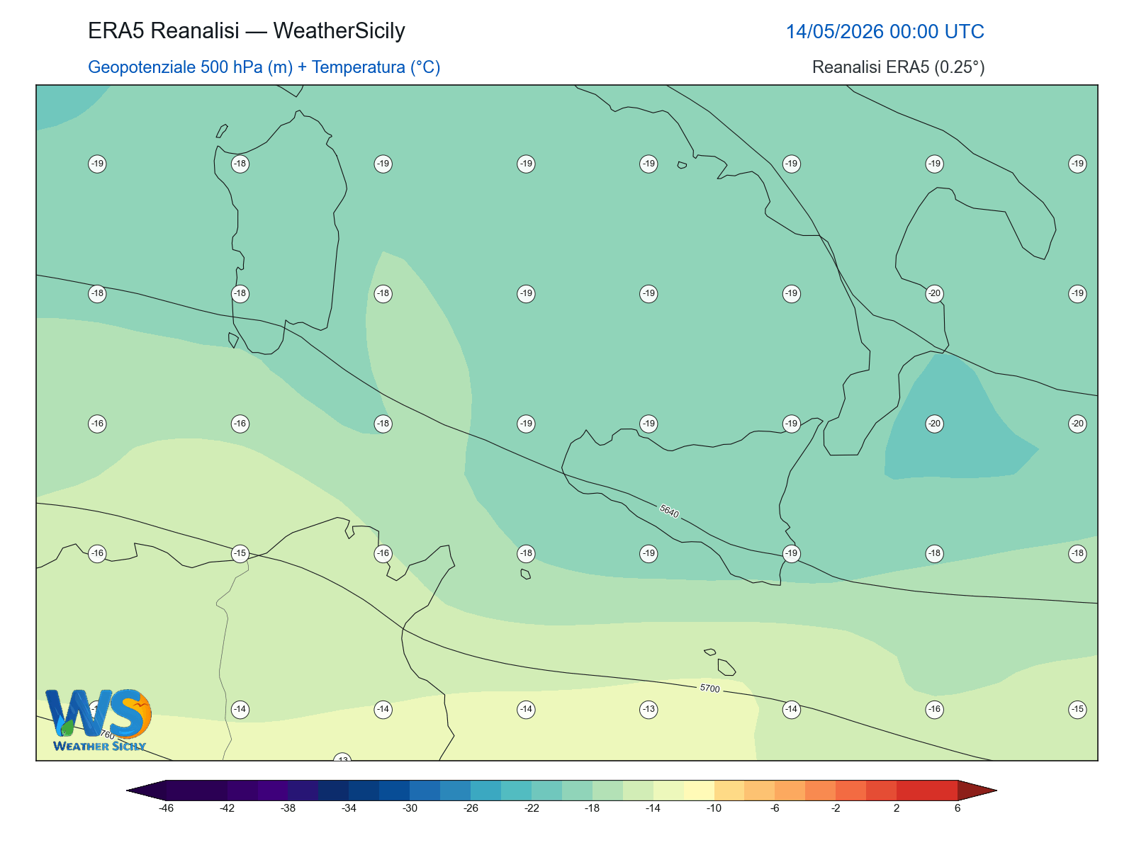 Geopotenziale 500 hPa + Temperatura · 2026051400