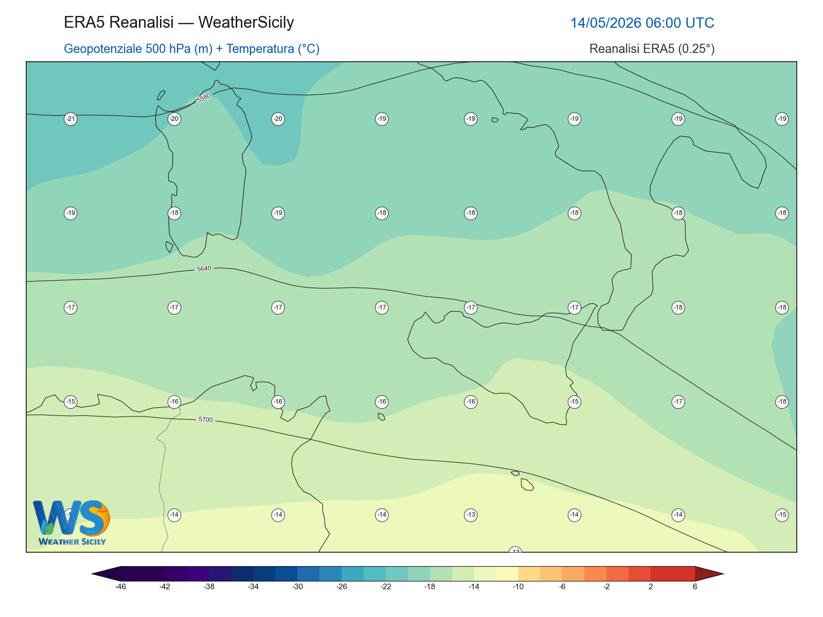 Geopotenziale 500 hPa + Temperatura · 2026051406