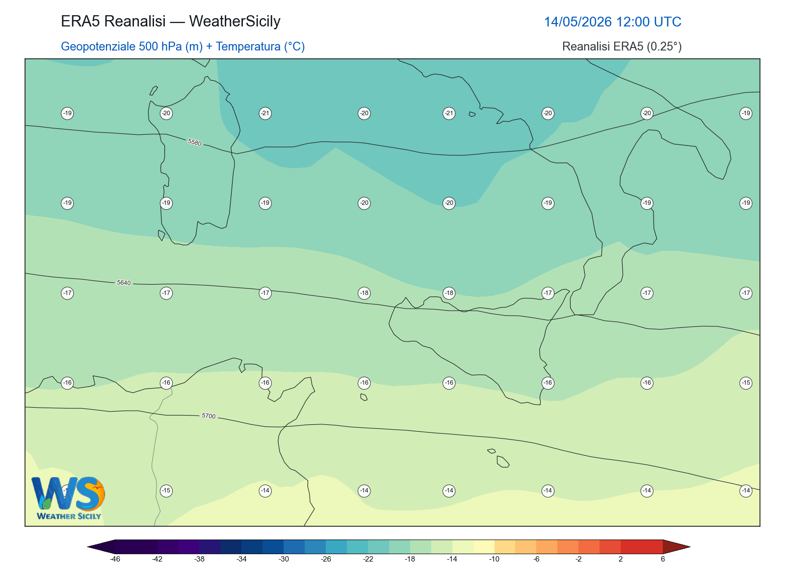 Geopotenziale 500 hPa + Temperatura · 2026051412