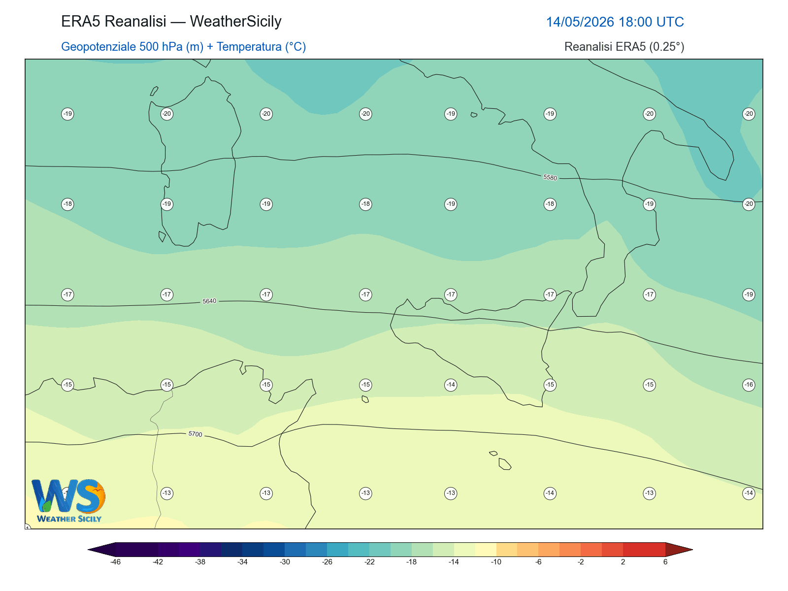 Geopotenziale 500 hPa + Temperatura · 2026051418