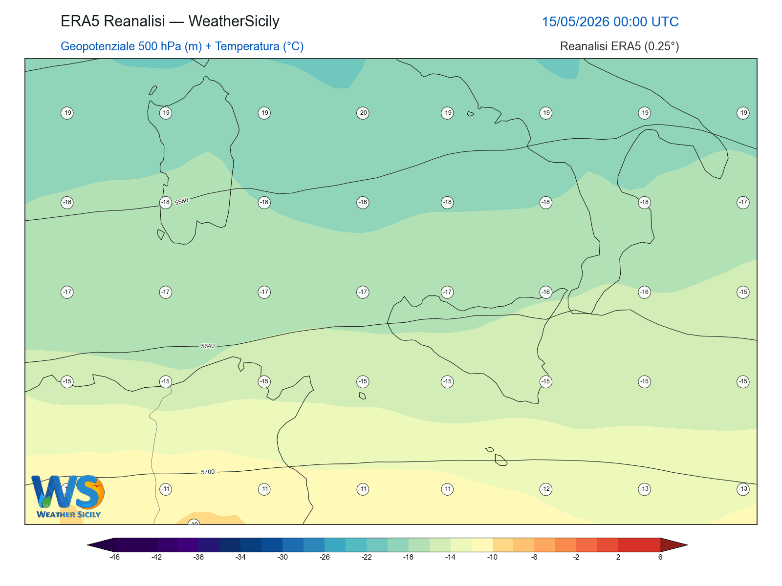 Geopotenziale 500 hPa + Temperatura · 2026051500