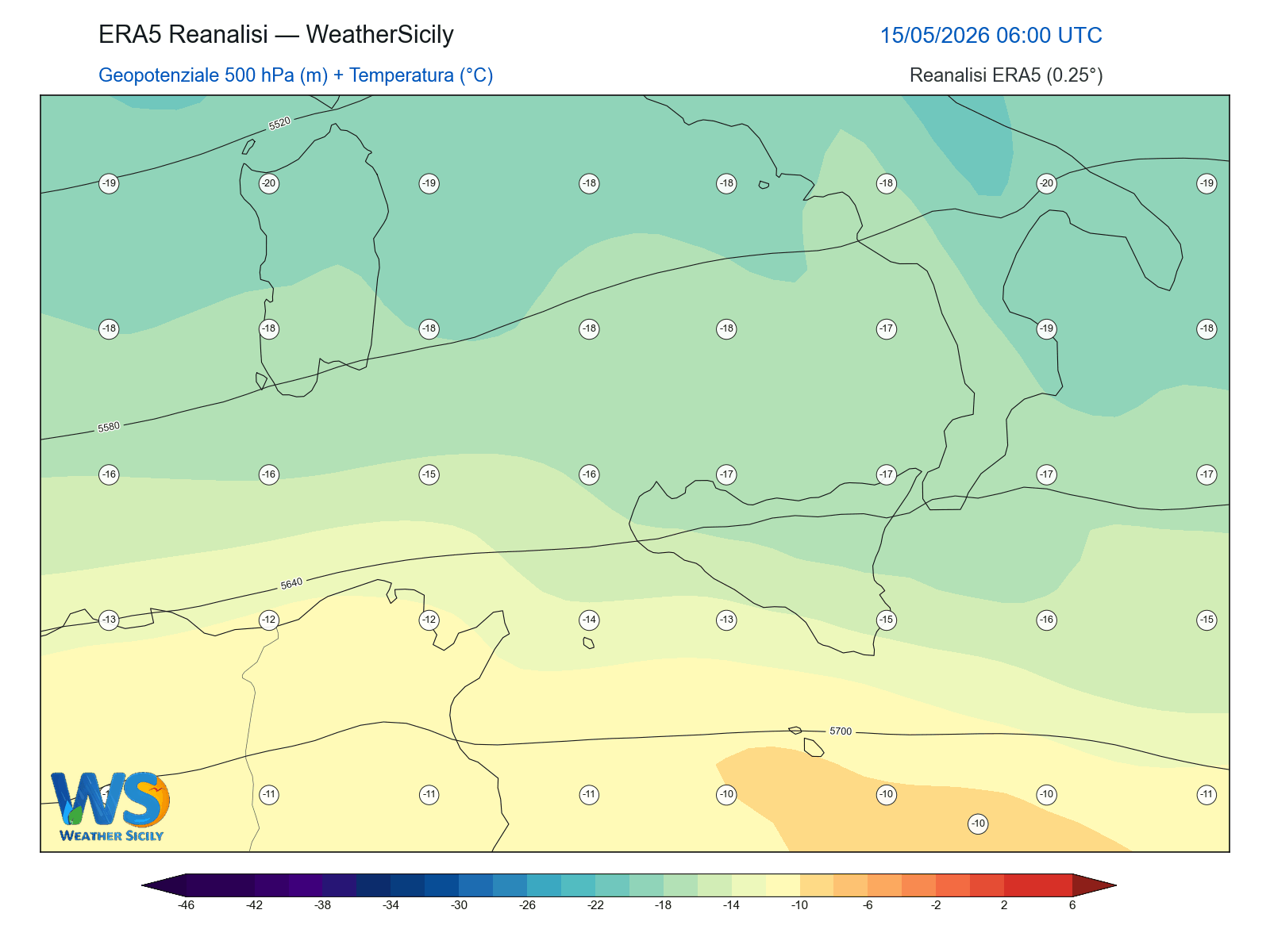 Geopotenziale 500 hPa + Temperatura · 2026051506