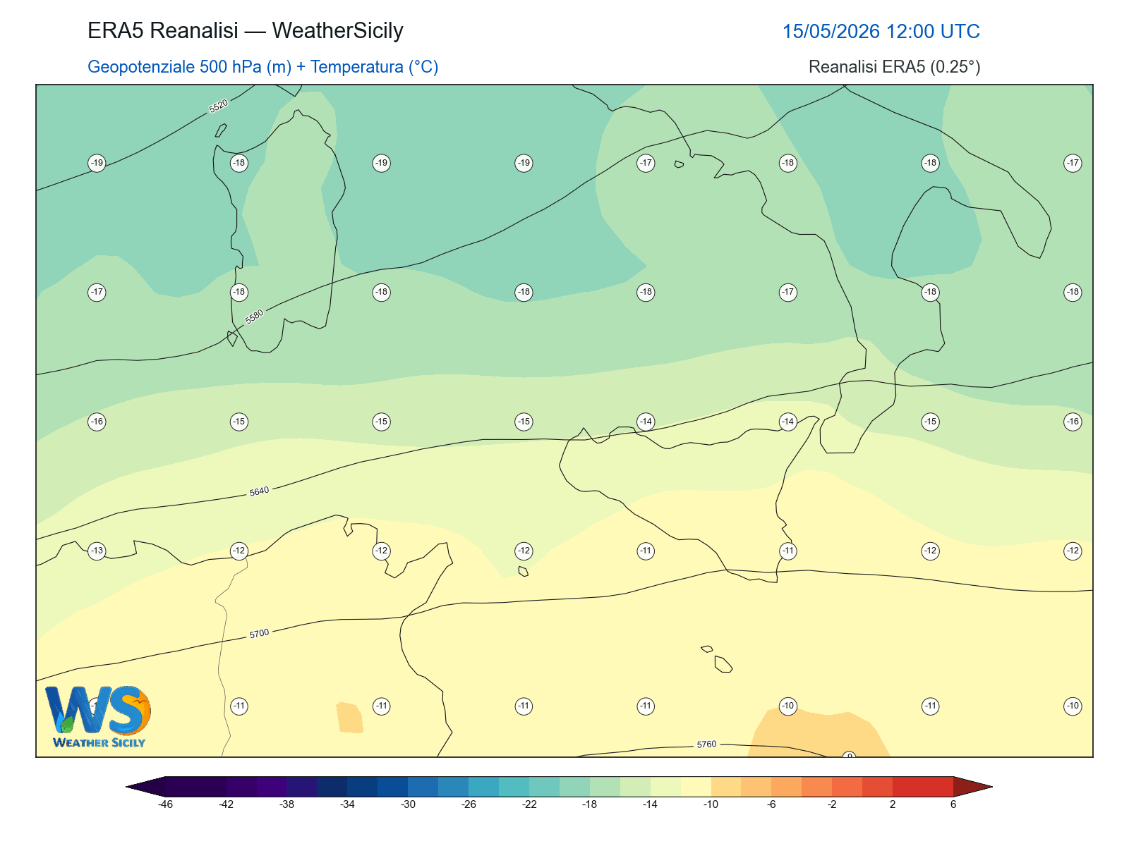 Geopotenziale 500 hPa + Temperatura · 2026051512