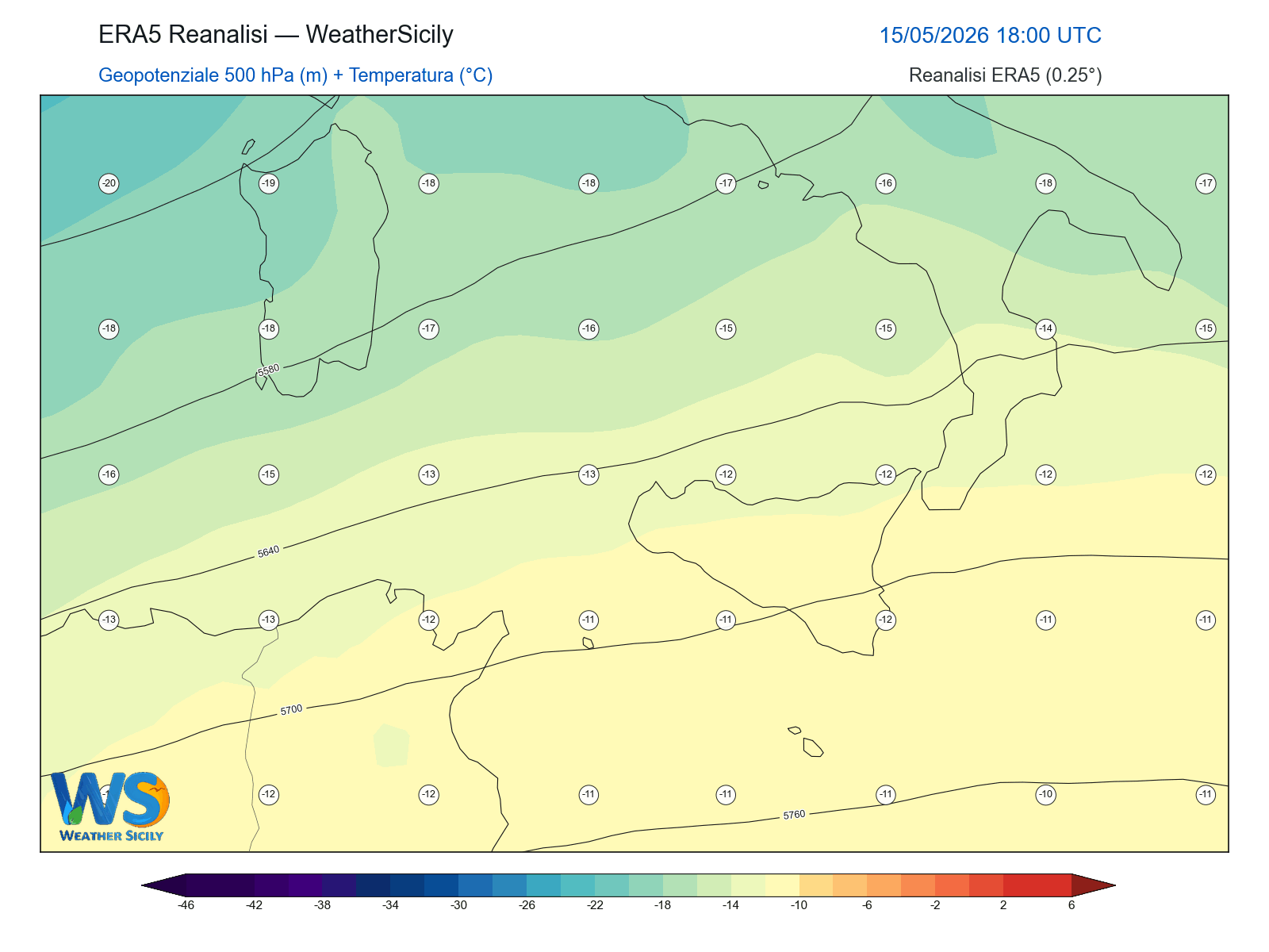 Geopotenziale 500 hPa + Temperatura · 2026051518