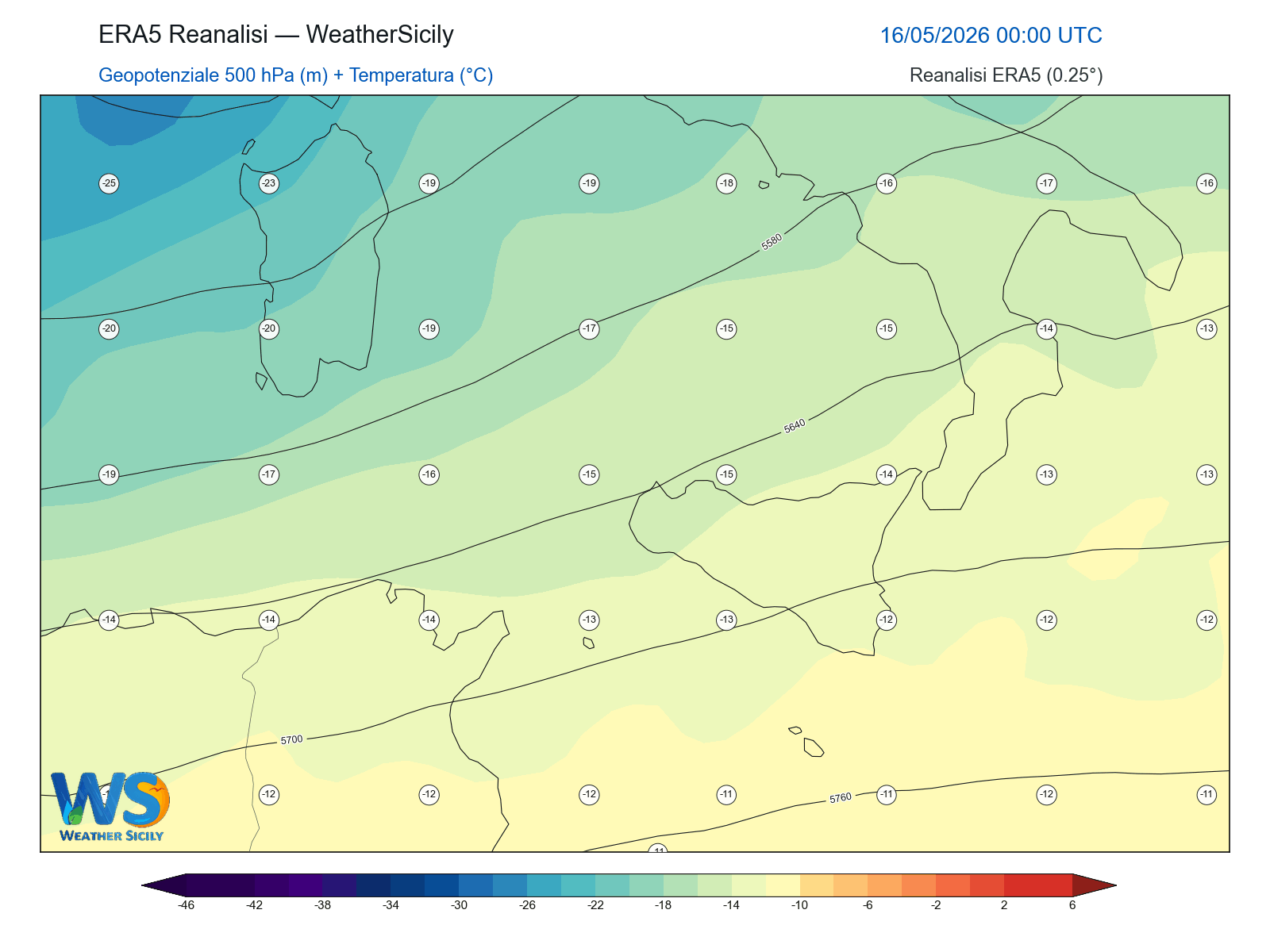 Geopotenziale 500 hPa + Temperatura · 2026051600