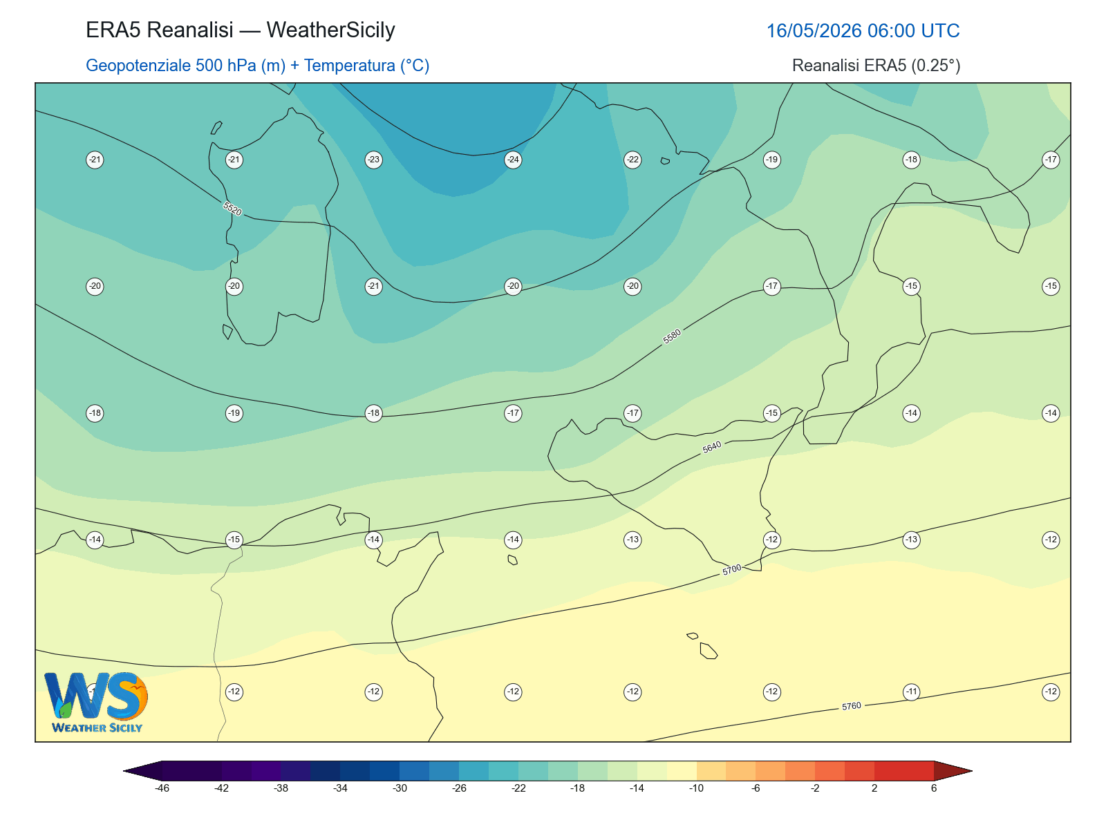 Geopotenziale 500 hPa + Temperatura · 2026051606