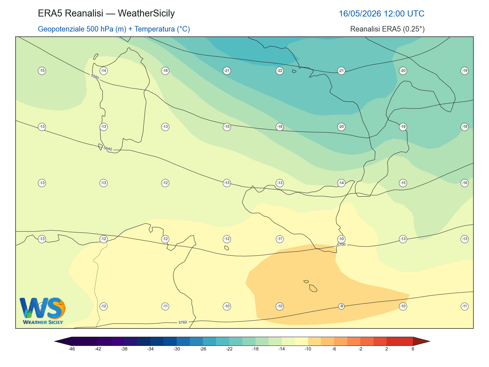 Geopotenziale 500 hPa + Temperatura · 2026051612