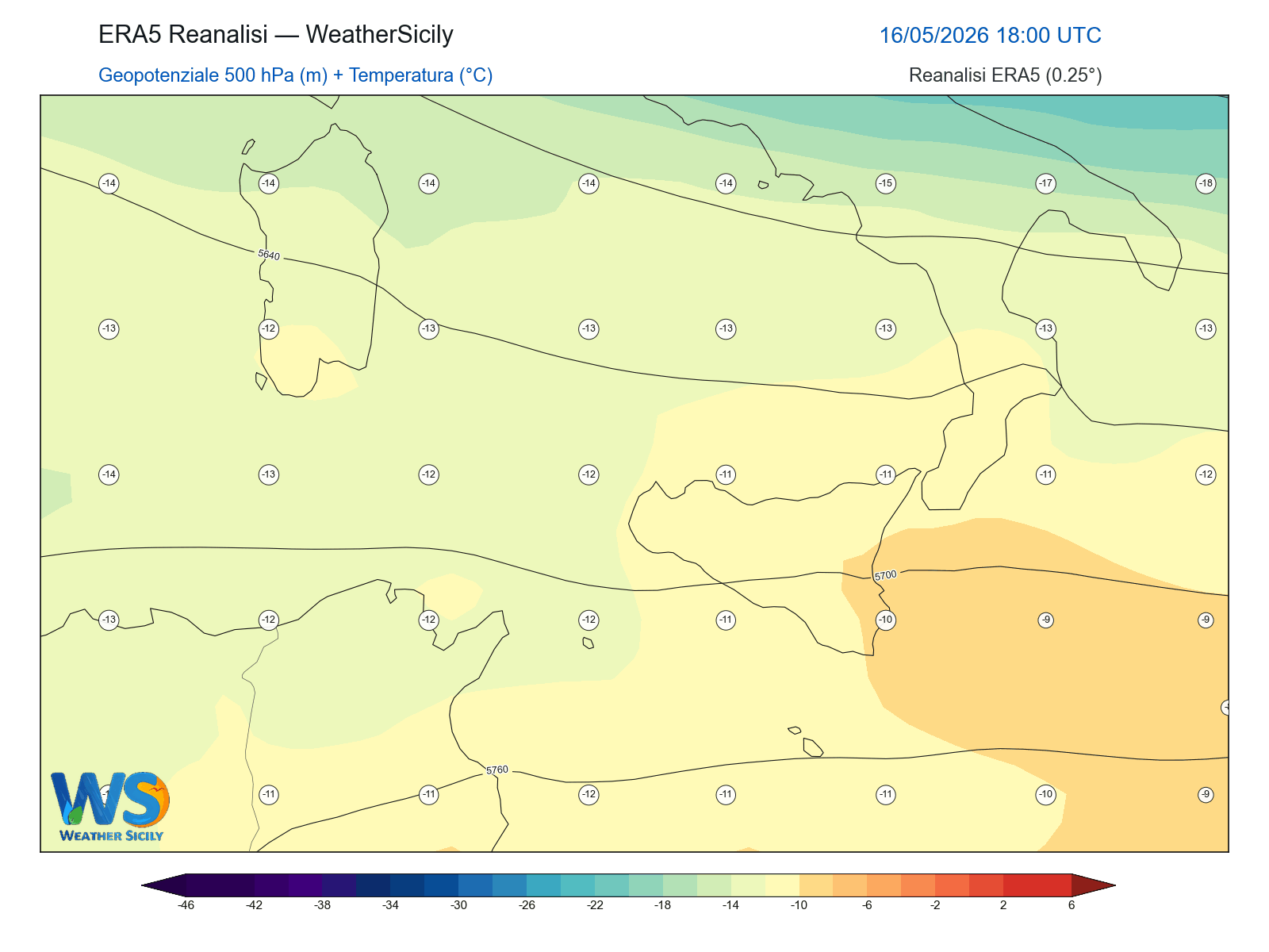 Geopotenziale 500 hPa + Temperatura · 2026051618