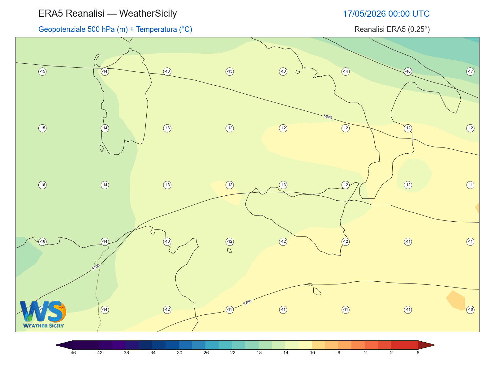 Geopotenziale 500 hPa + Temperatura · 2026051700