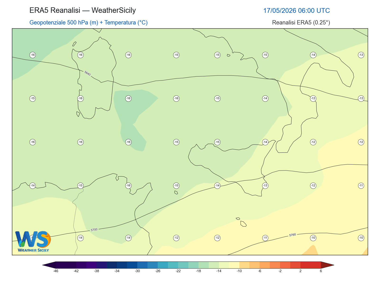 Geopotenziale 500 hPa + Temperatura · 2026051706
