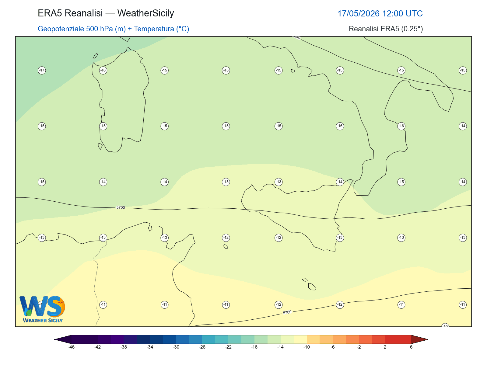 Geopotenziale 500 hPa + Temperatura · 2026051712