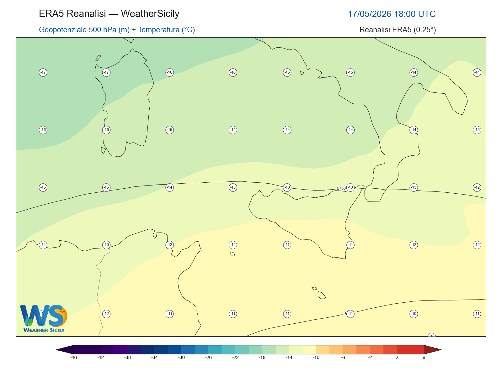 Geopotenziale 500 hPa + Temperatura · 2026051718