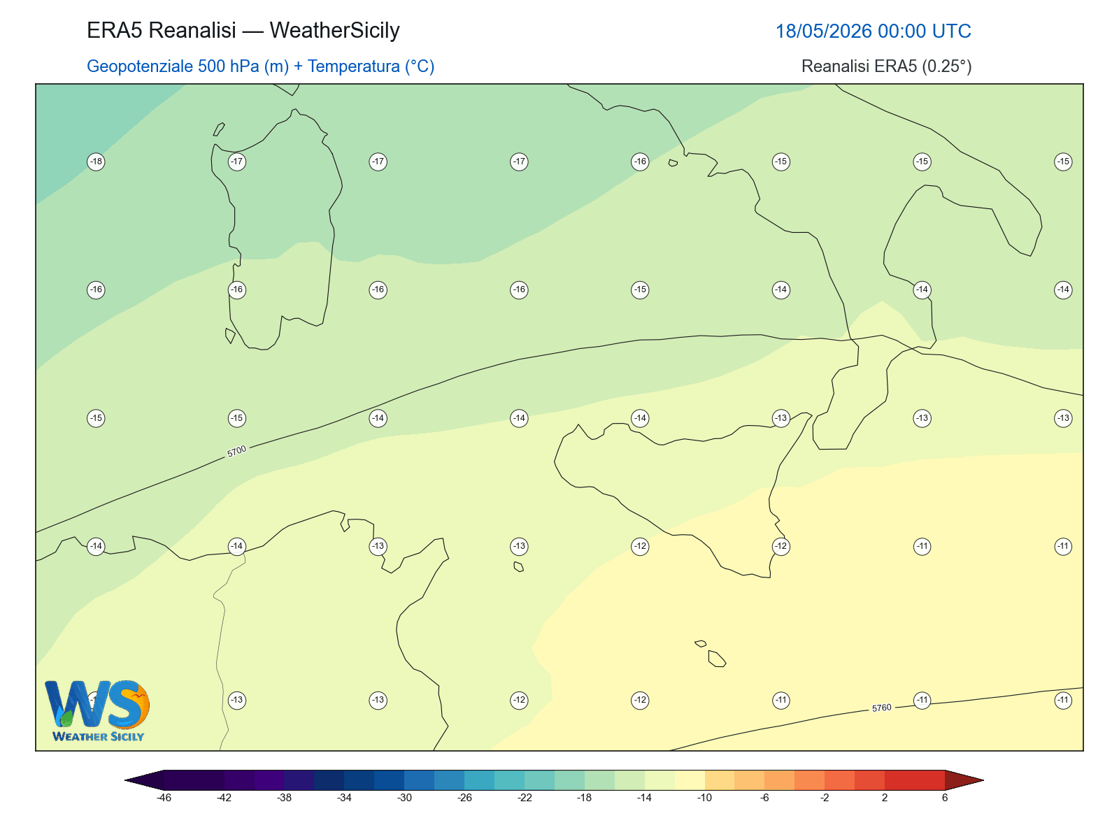 Geopotenziale 500 hPa + Temperatura · 2026051800