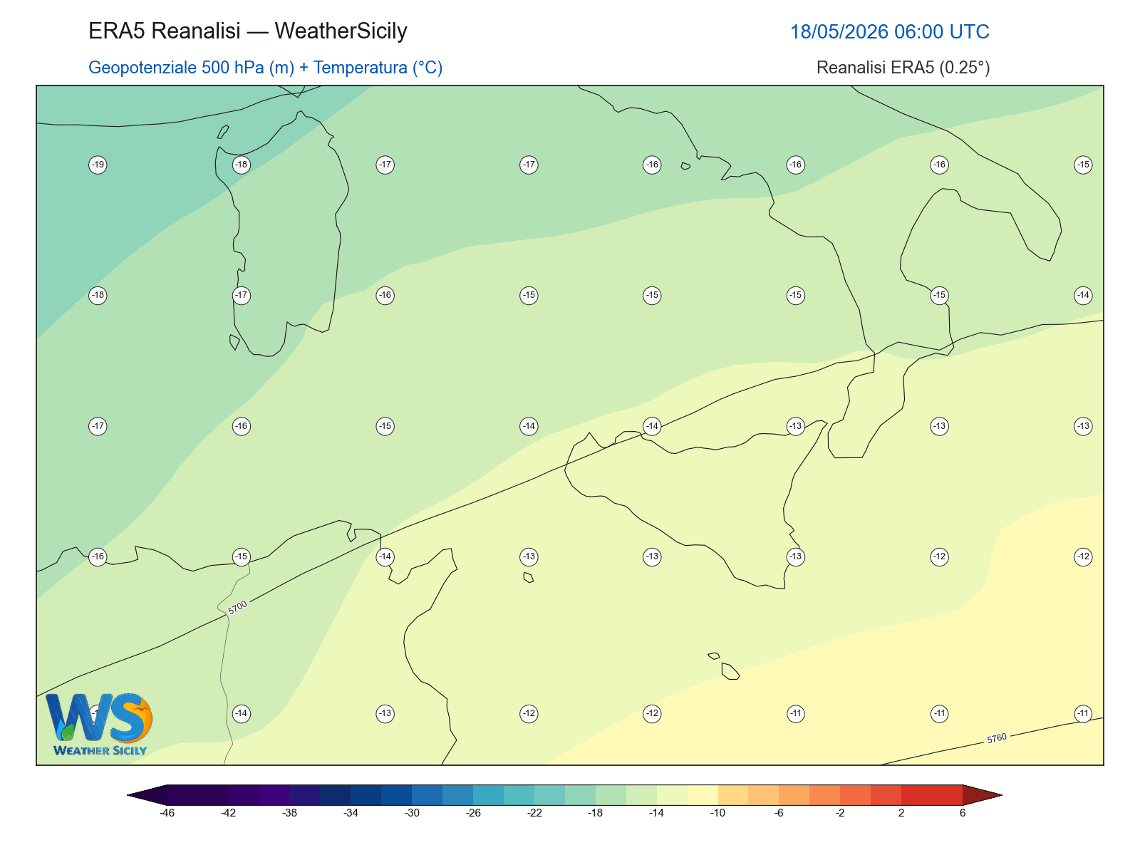 Geopotenziale 500 hPa + Temperatura · 2026051806