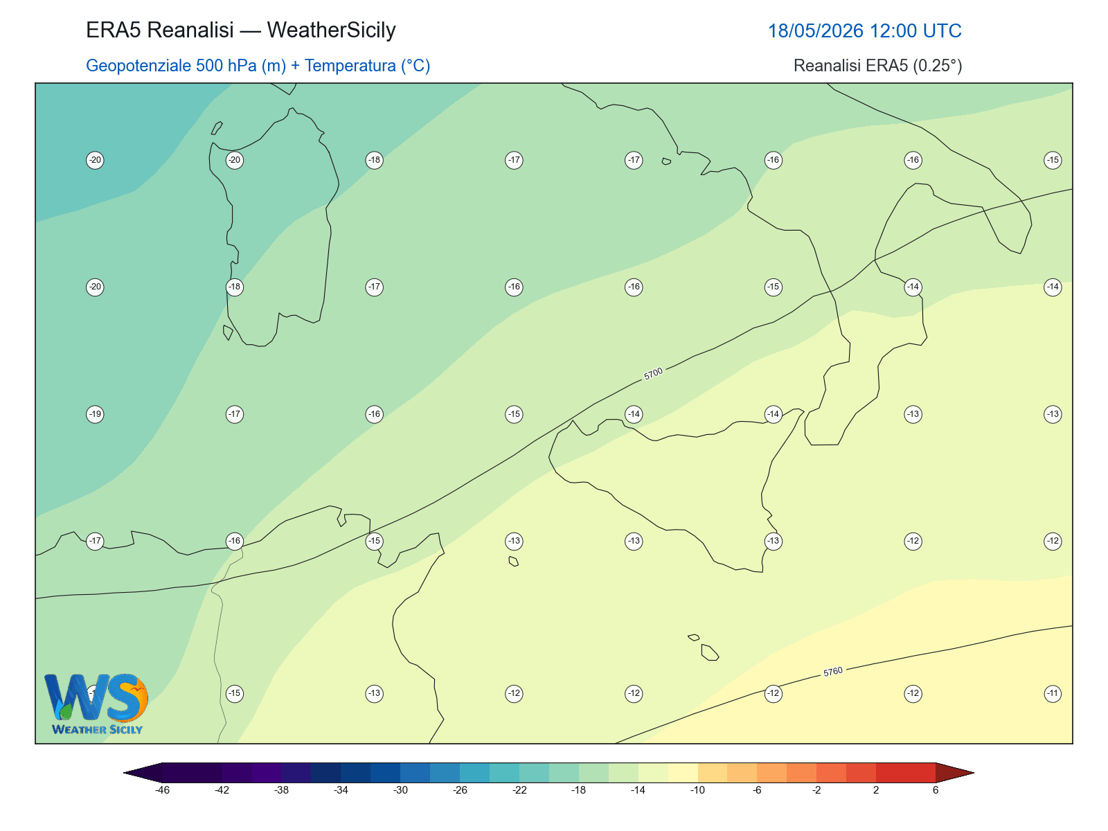 Geopotenziale 500 hPa + Temperatura · 2026051812