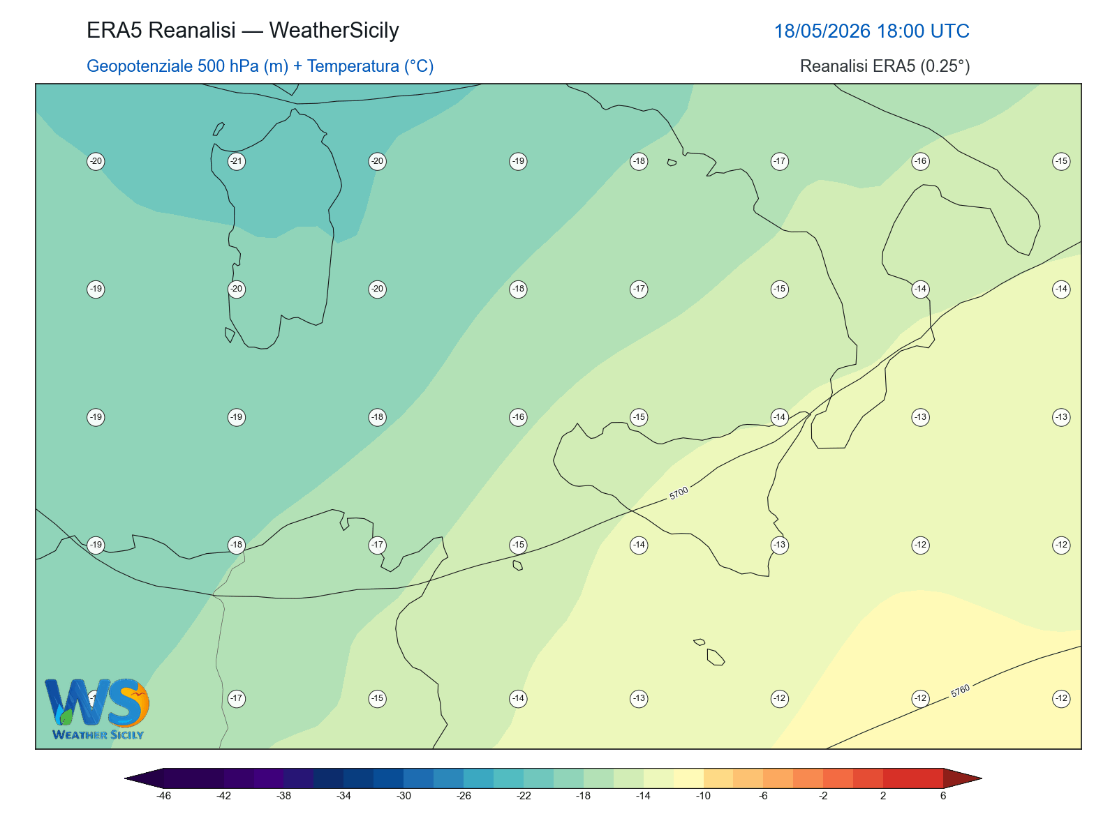 Geopotenziale 500 hPa + Temperatura · 2026051818