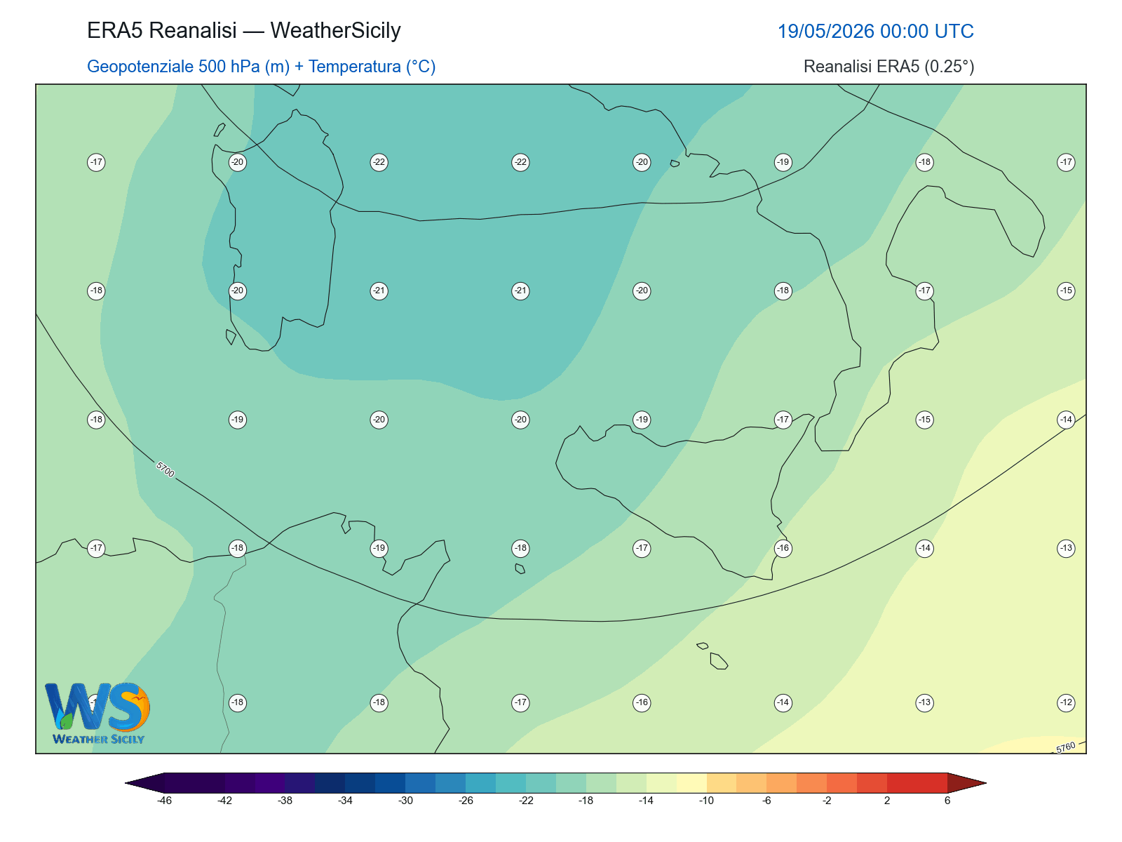 Geopotenziale 500 hPa + Temperatura · 2026051900