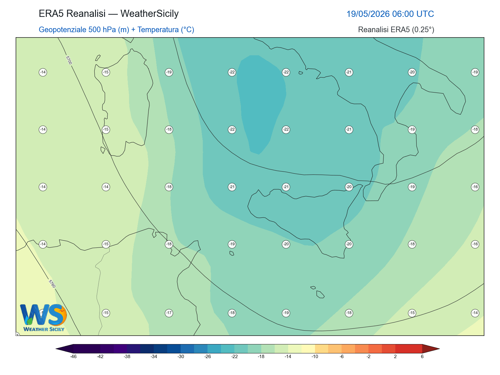 Geopotenziale 500 hPa + Temperatura · 2026051906