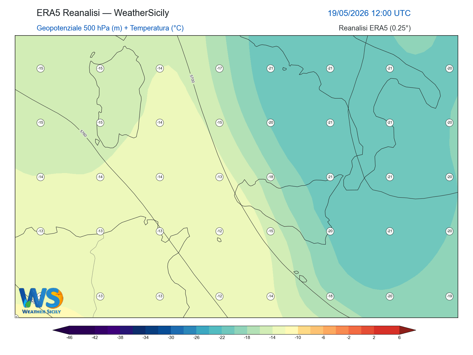 Geopotenziale 500 hPa + Temperatura · 2026051912