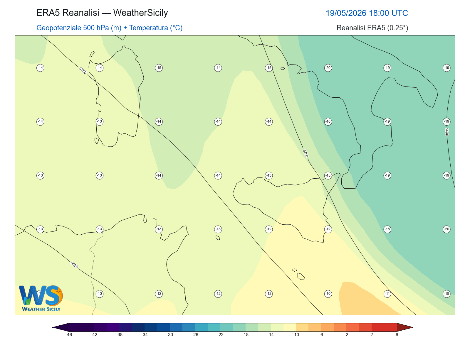 Geopotenziale 500 hPa + Temperatura · 2026051918