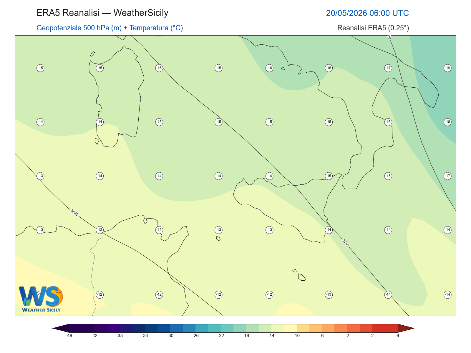 Geopotenziale 500 hPa + Temperatura · 2026052006