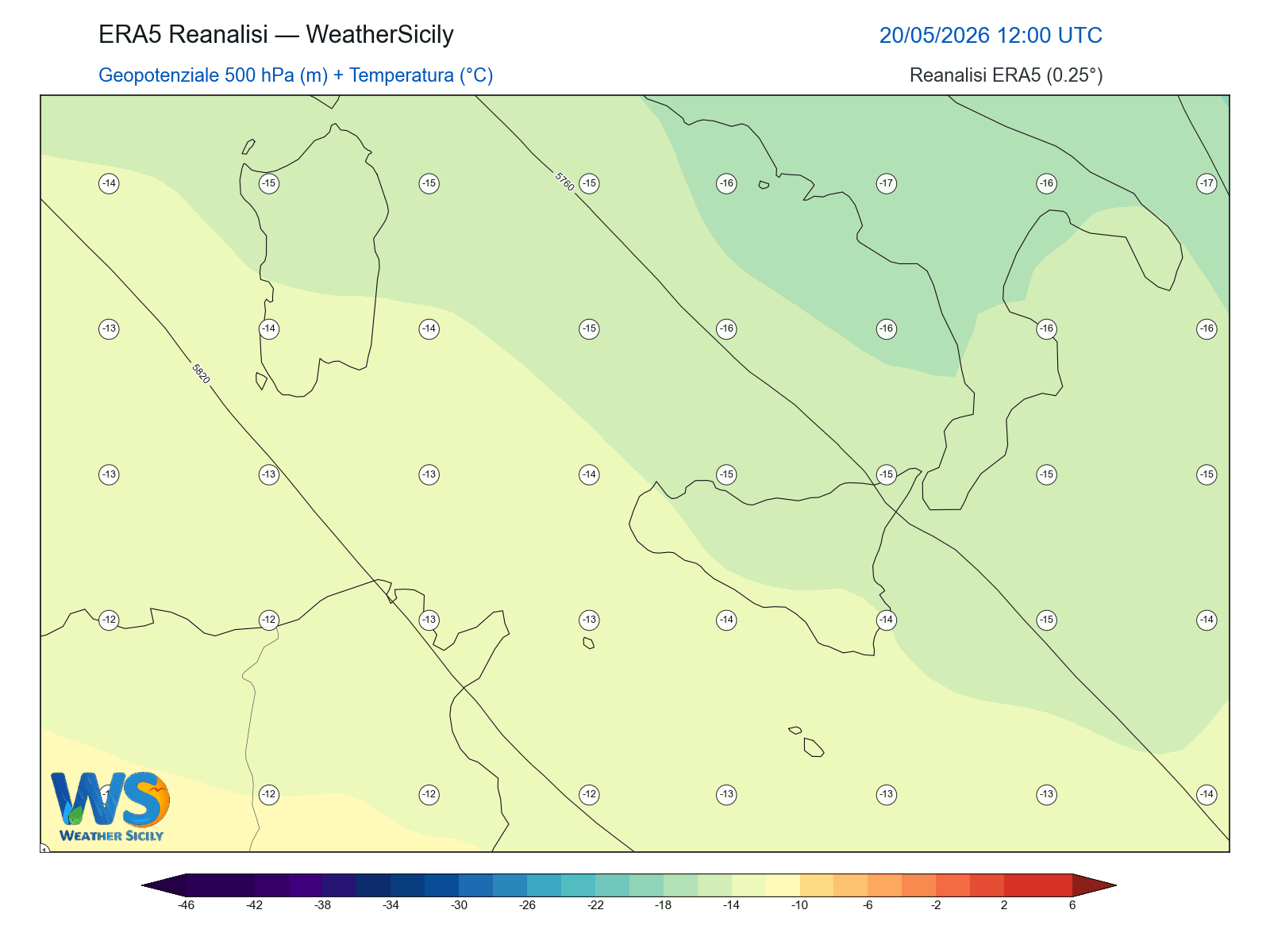 Geopotenziale 500 hPa + Temperatura · 2026052012