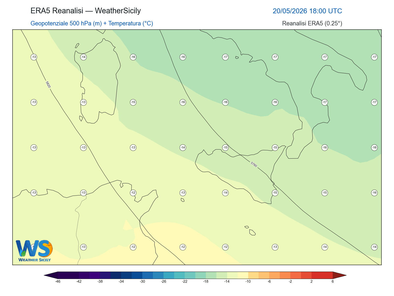 Geopotenziale 500 hPa + Temperatura · 2026052018