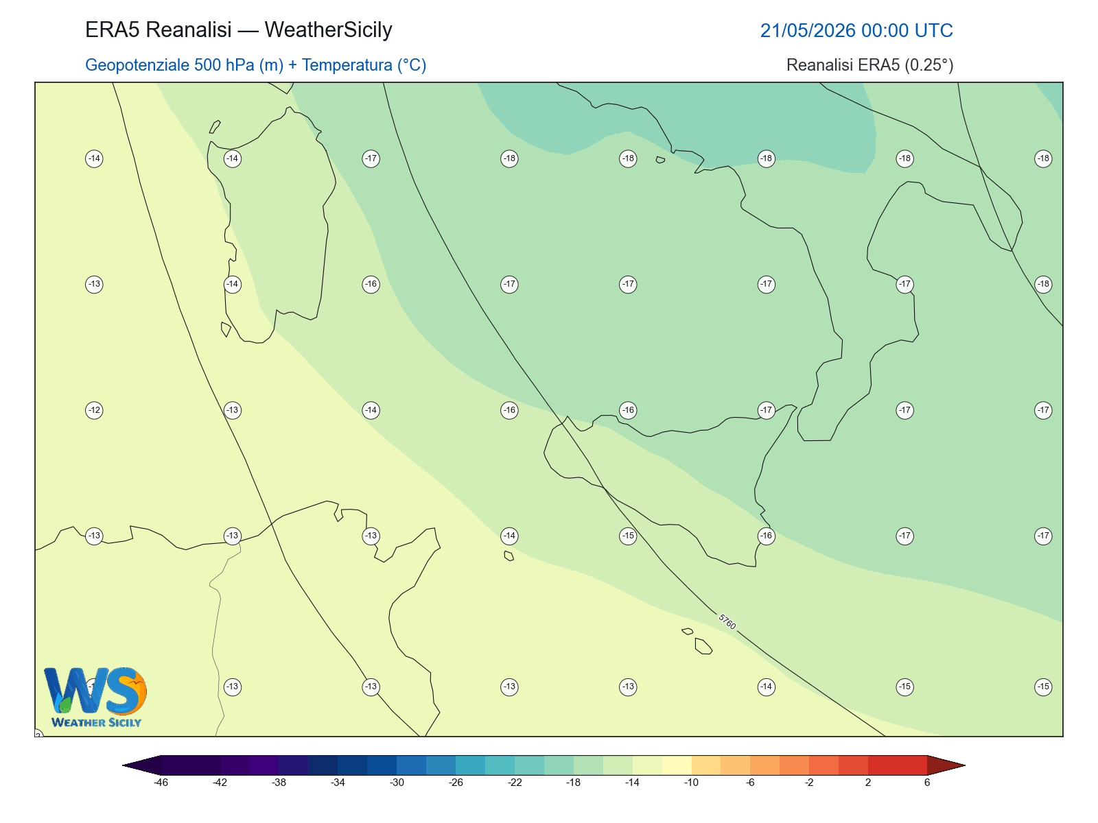 Geopotenziale 500 hPa + Temperatura · 2026052100