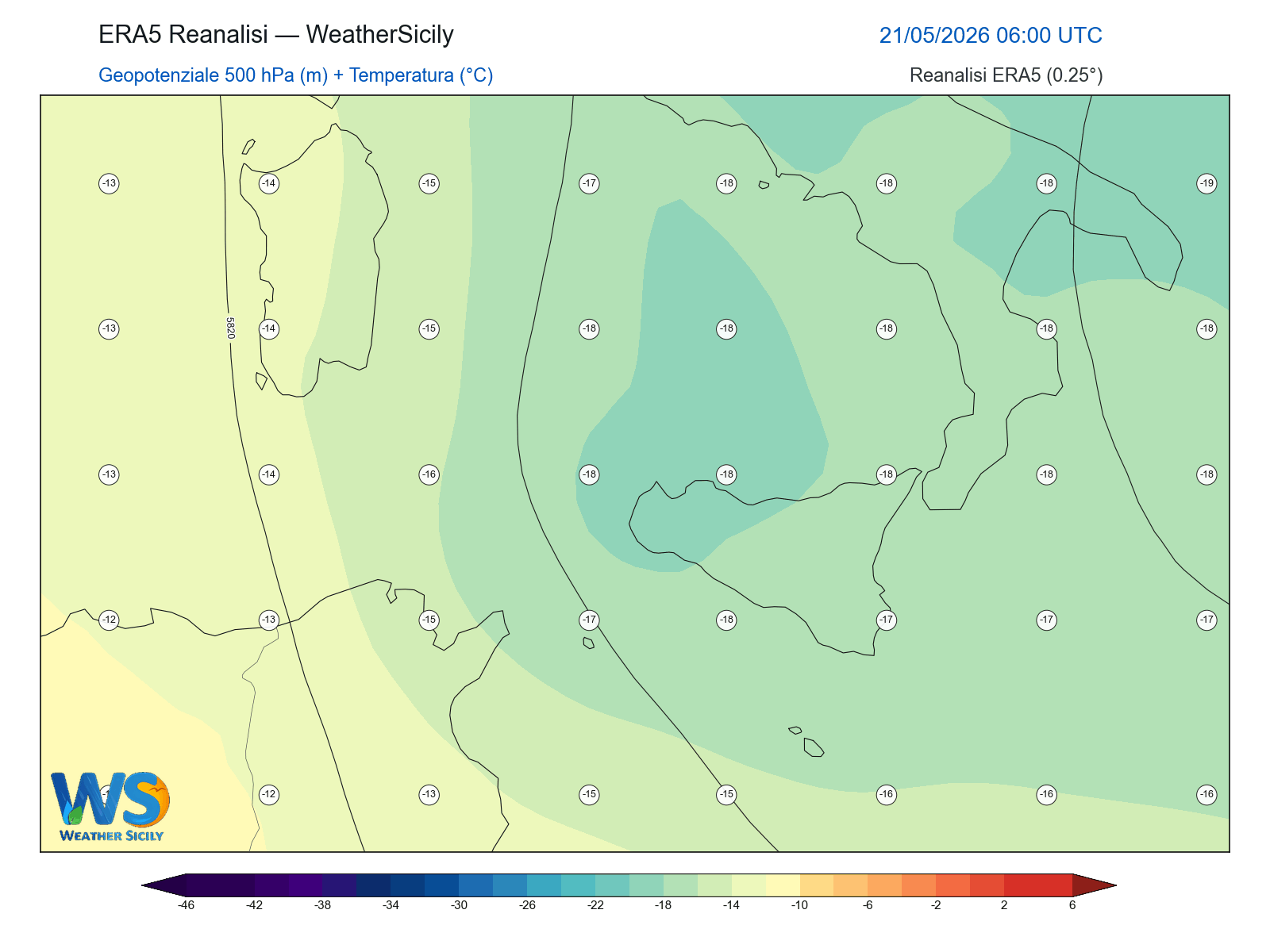 Geopotenziale 500 hPa + Temperatura · 2026052106