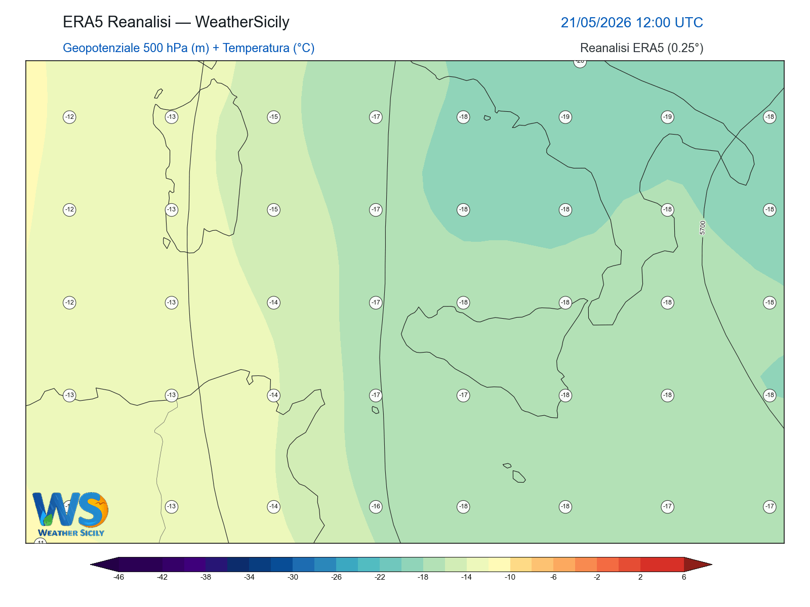 Geopotenziale 500 hPa + Temperatura · 2026052112