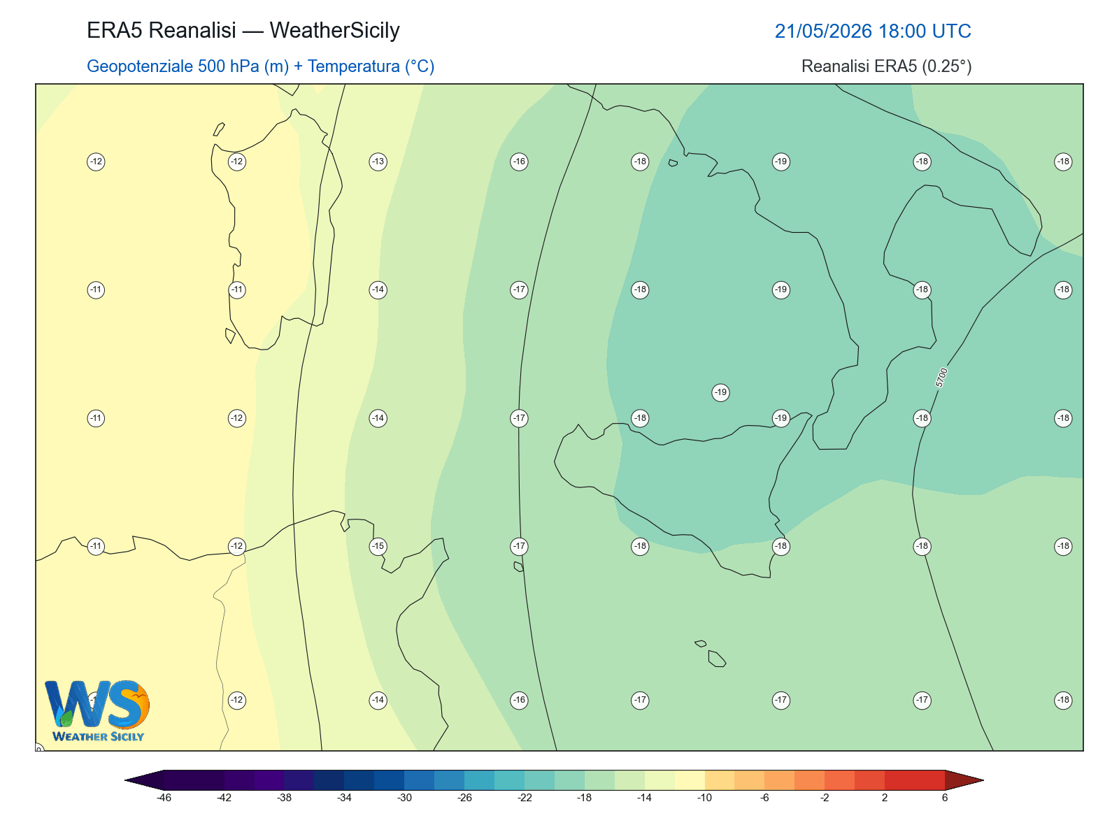 Geopotenziale 500 hPa + Temperatura · 2026052118