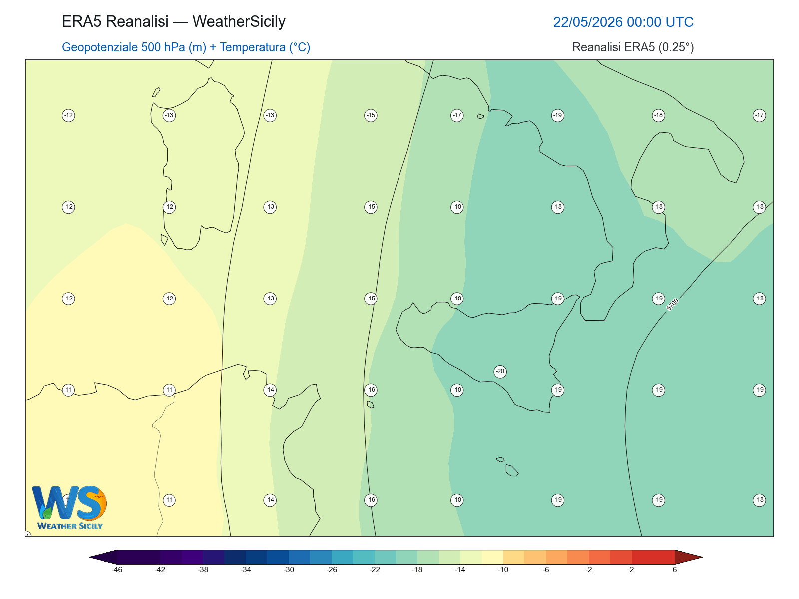 Geopotenziale 500 hPa + Temperatura · 2026052200