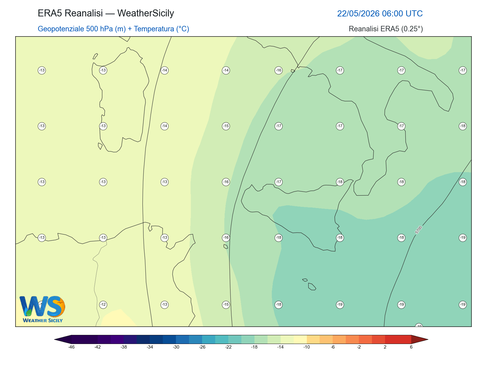 Geopotenziale 500 hPa + Temperatura · 2026052206