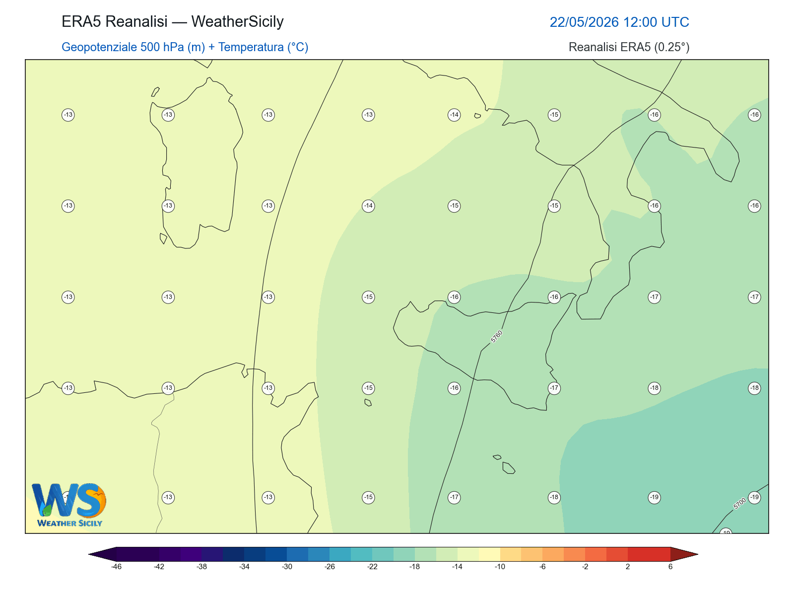 Geopotenziale 500 hPa + Temperatura · 2026052212