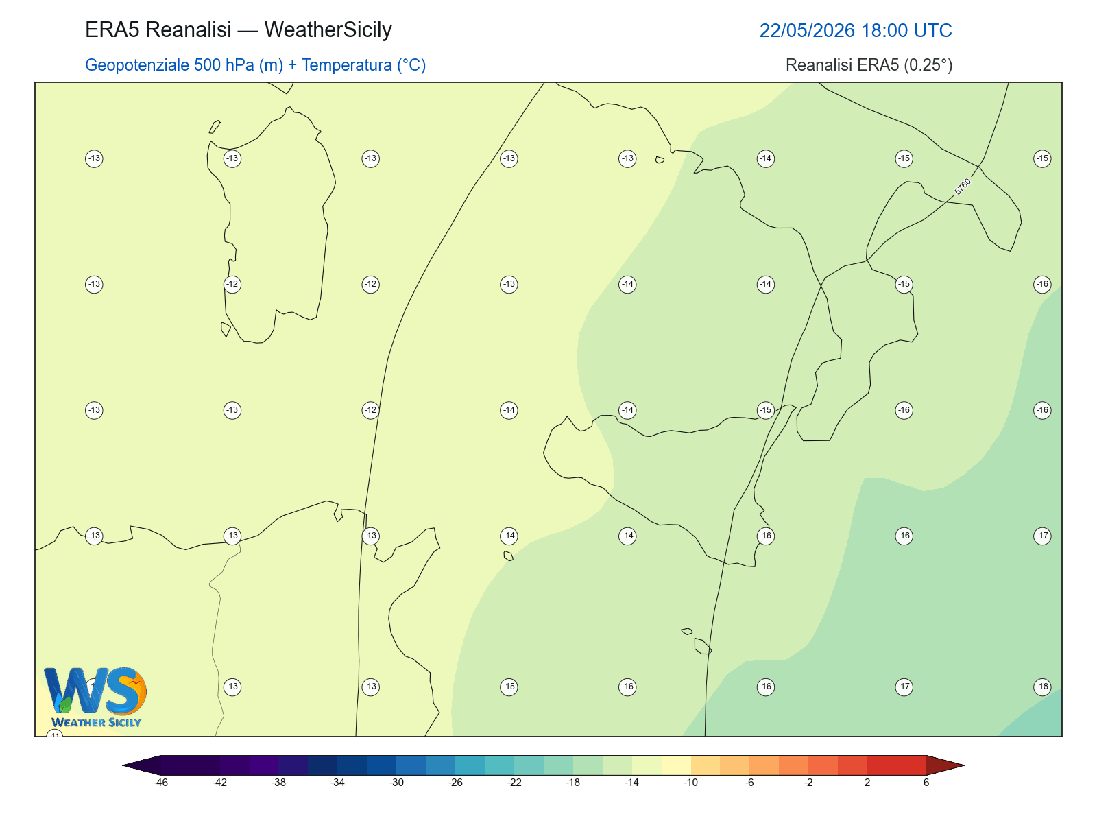 Geopotenziale 500 hPa + Temperatura · 2026052218