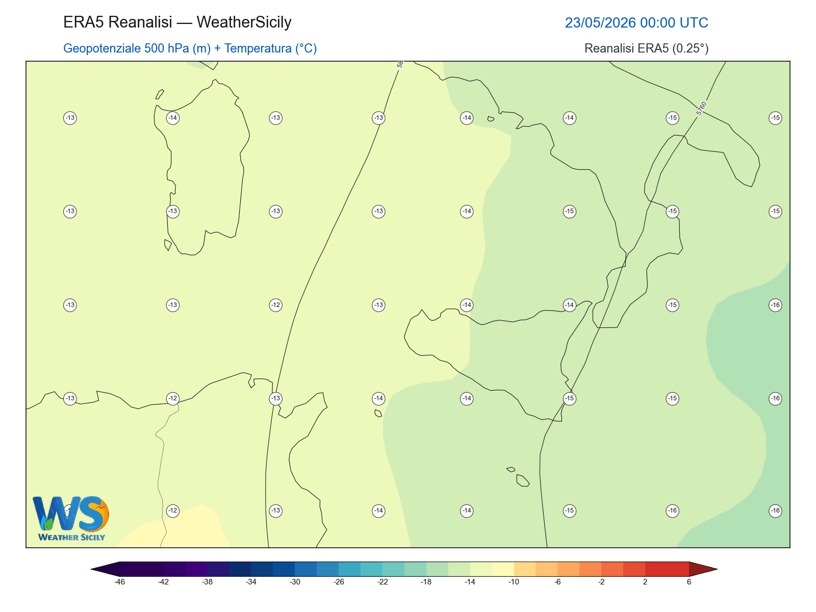 Geopotenziale 500 hPa + Temperatura · 2026052300