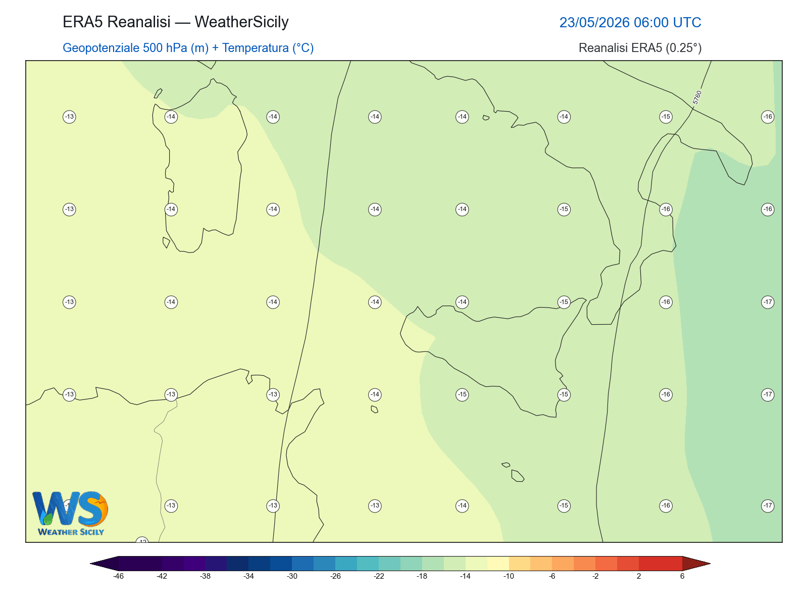 Geopotenziale 500 hPa + Temperatura · 2026052306