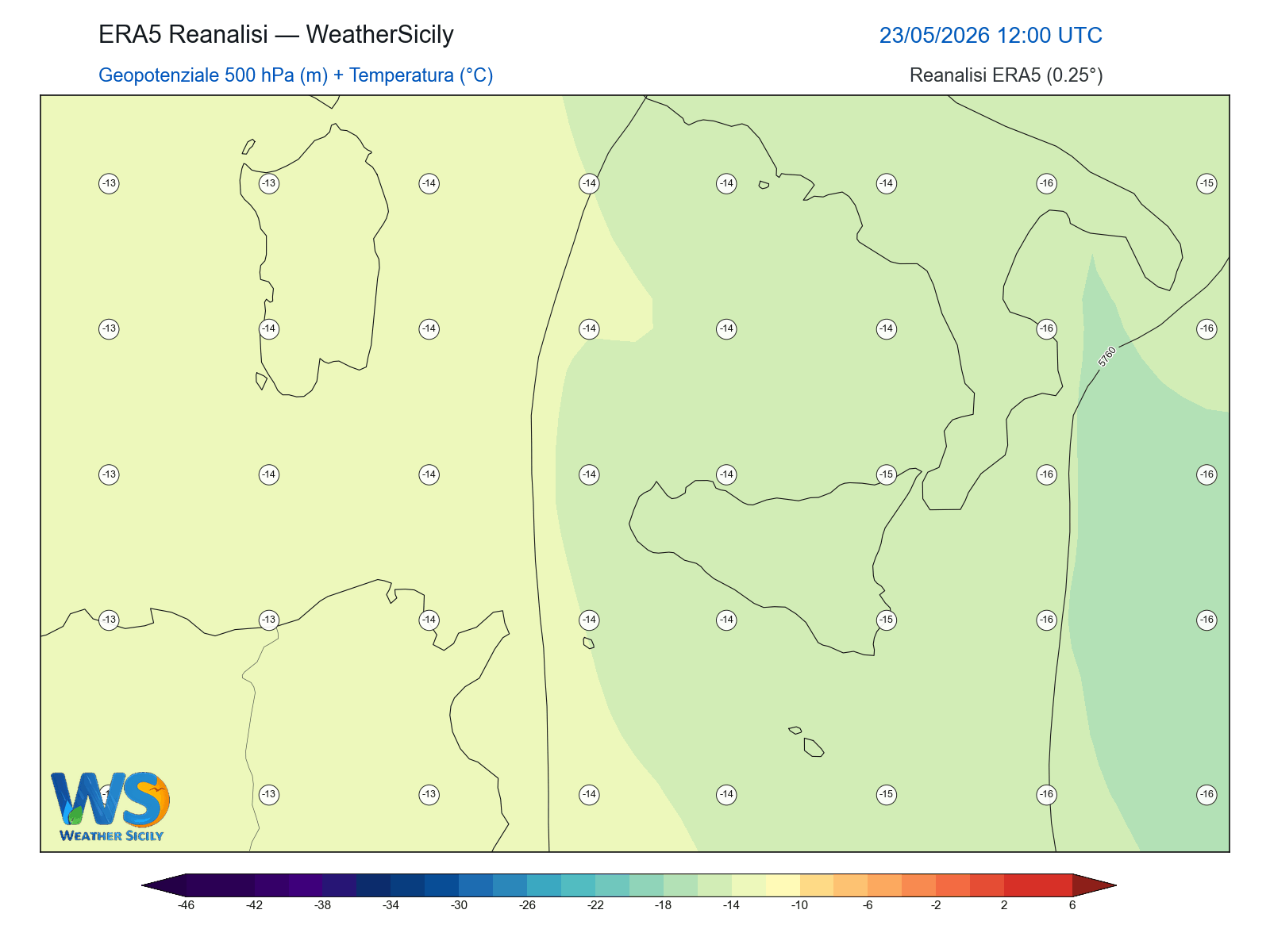 Geopotenziale 500 hPa + Temperatura · 2026052312