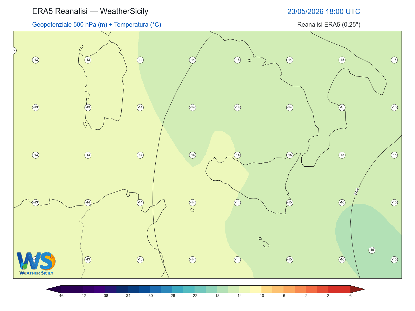 Geopotenziale 500 hPa + Temperatura · 2026052318