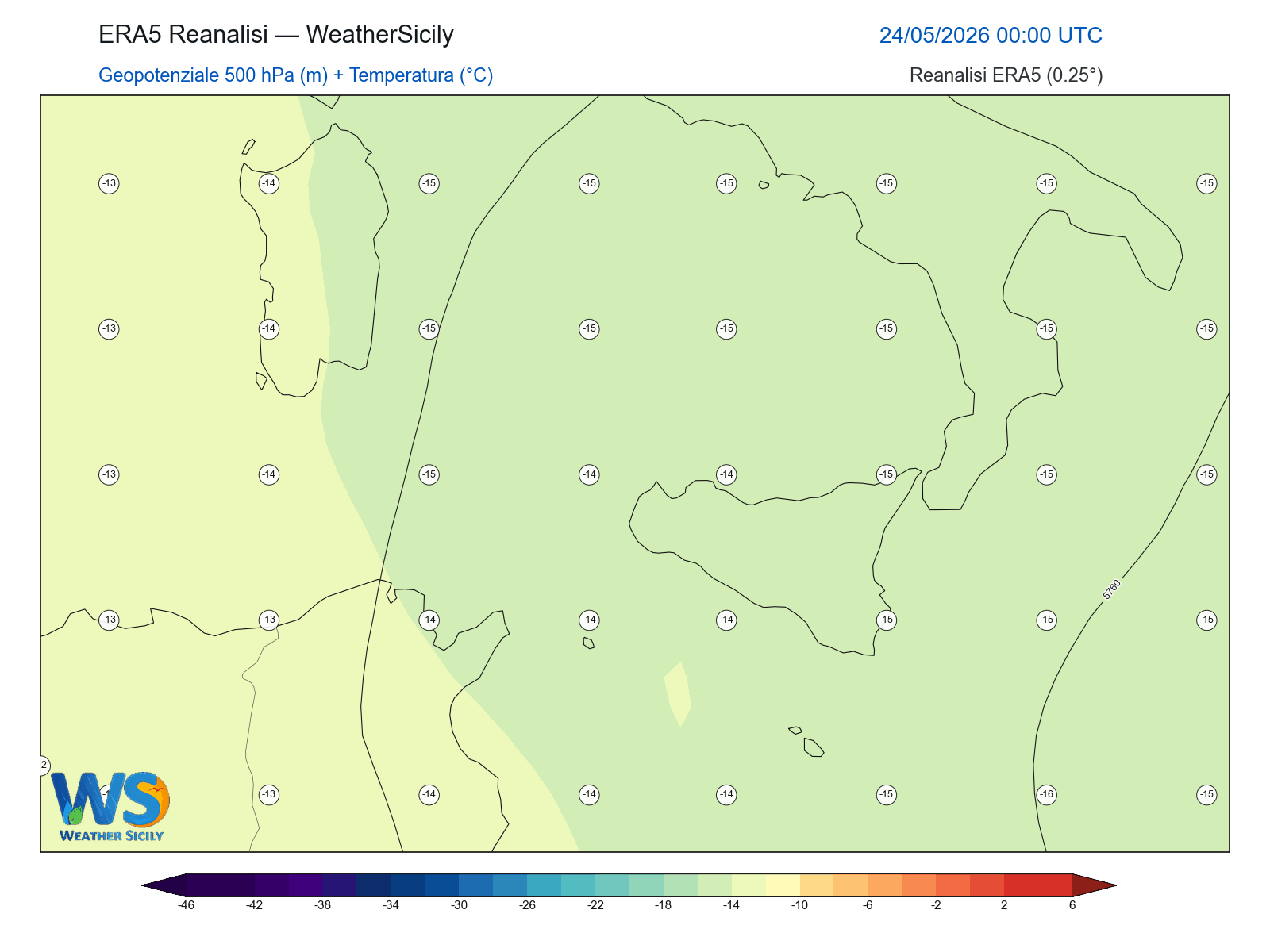 Geopotenziale 500 hPa + Temperatura · 2026052400