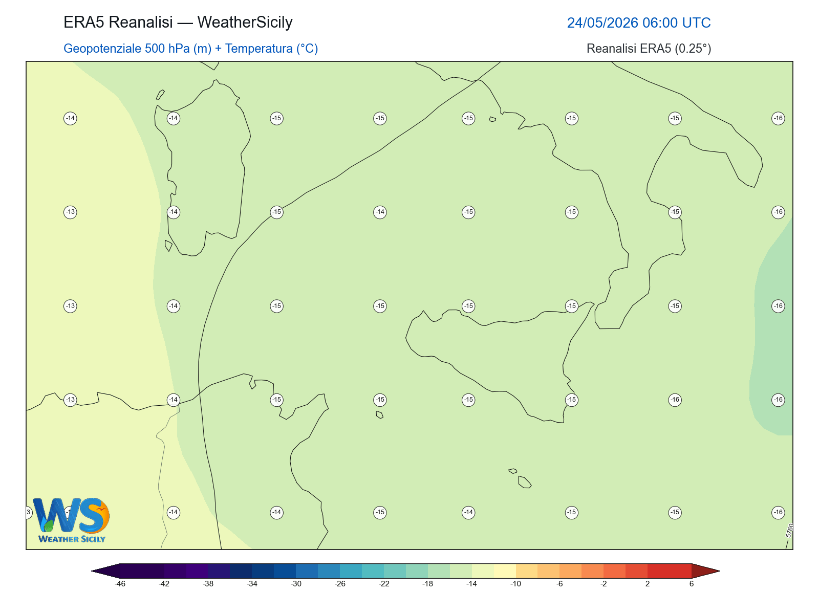 Geopotenziale 500 hPa + Temperatura · 2026052406