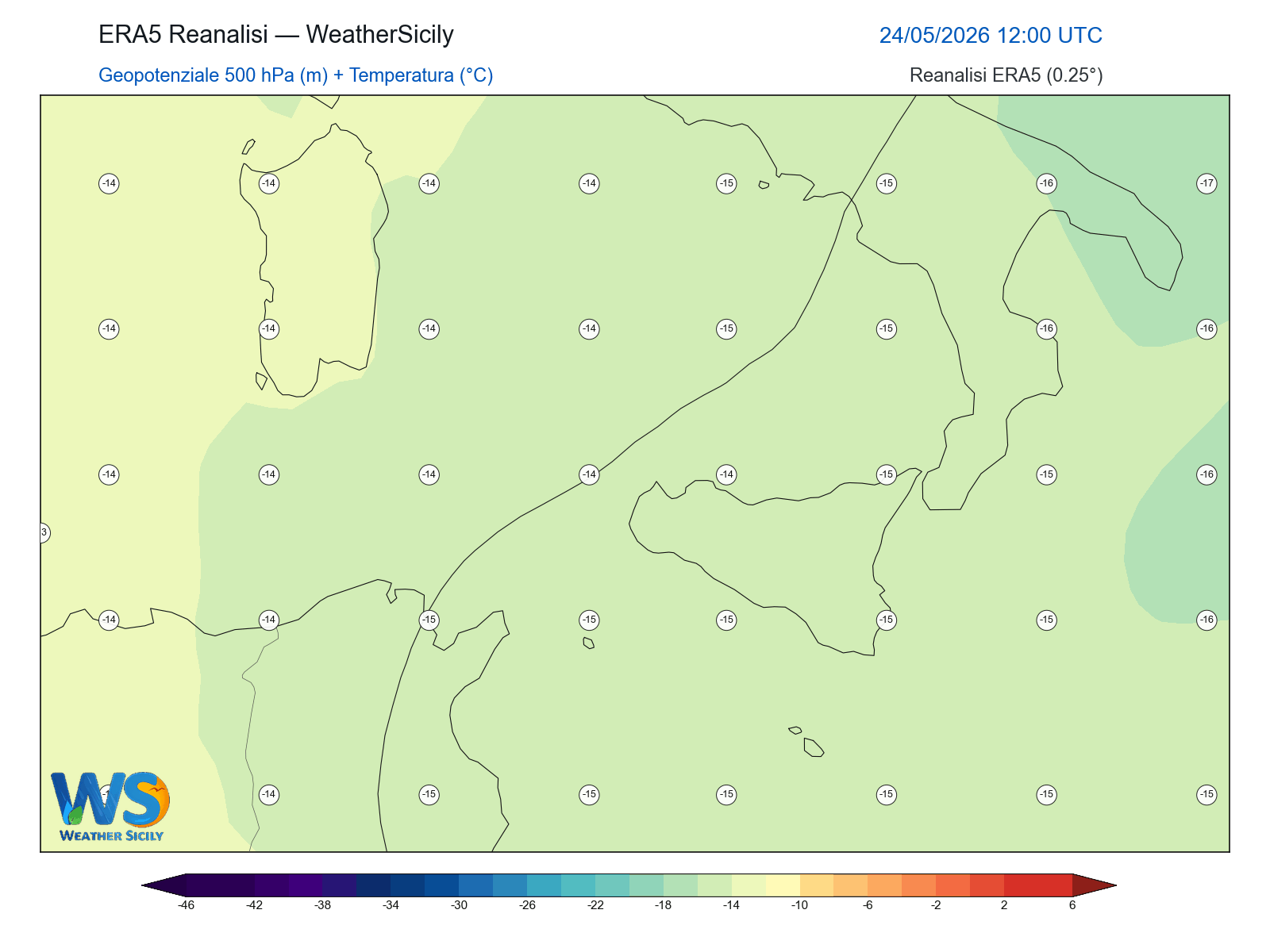 Geopotenziale 500 hPa + Temperatura · 2026052412