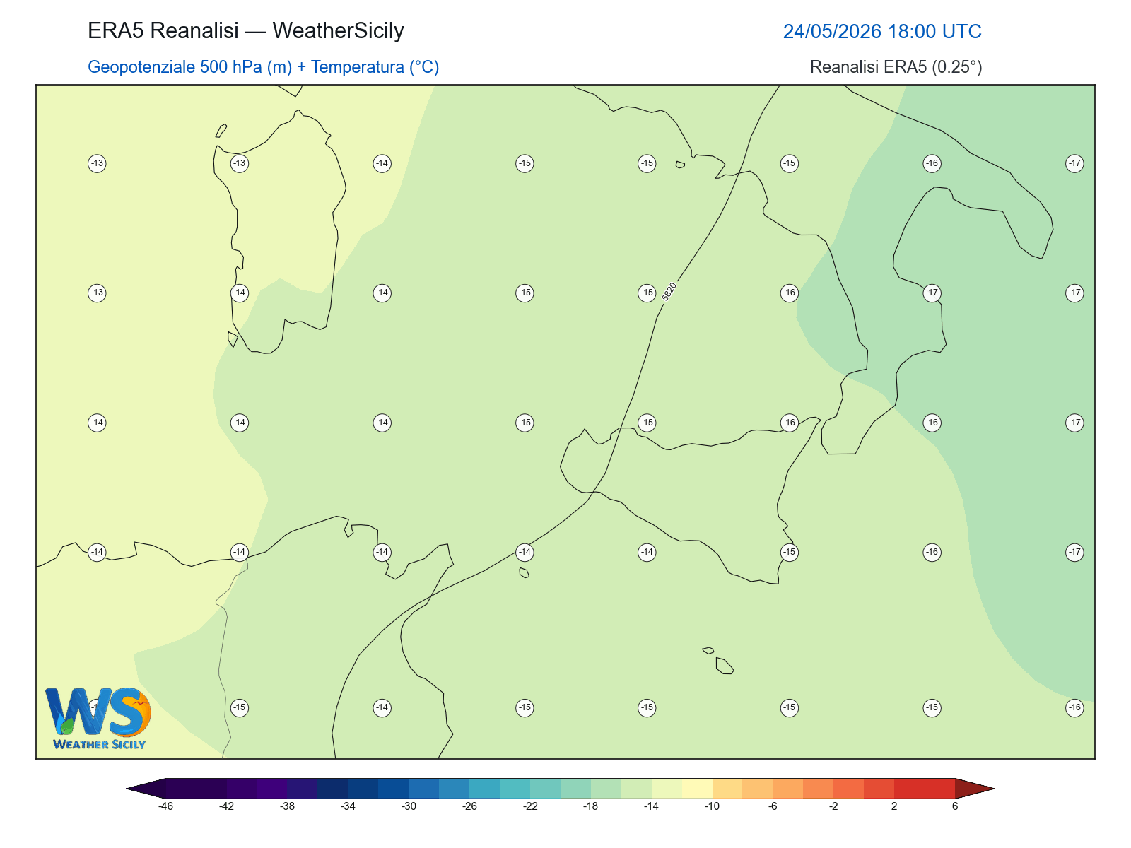 Geopotenziale 500 hPa + Temperatura · 2026052418