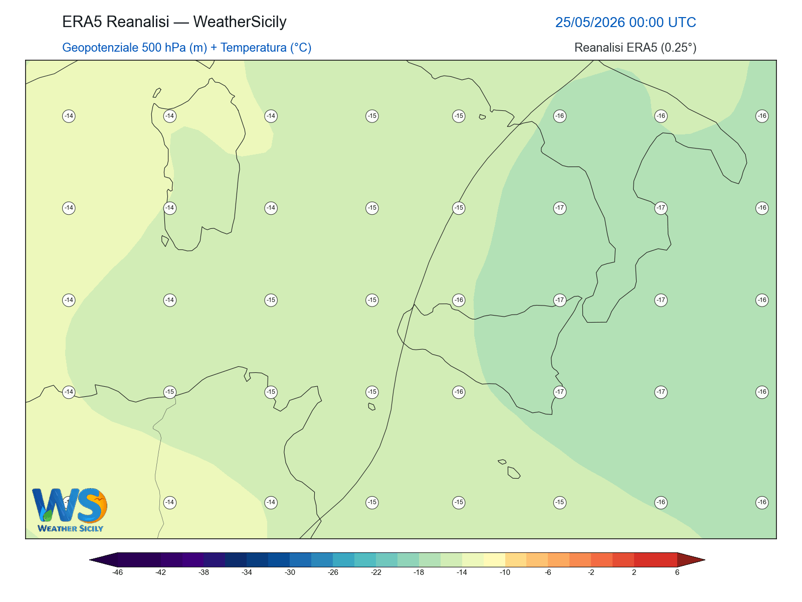 Geopotenziale 500 hPa + Temperatura · 2026052500