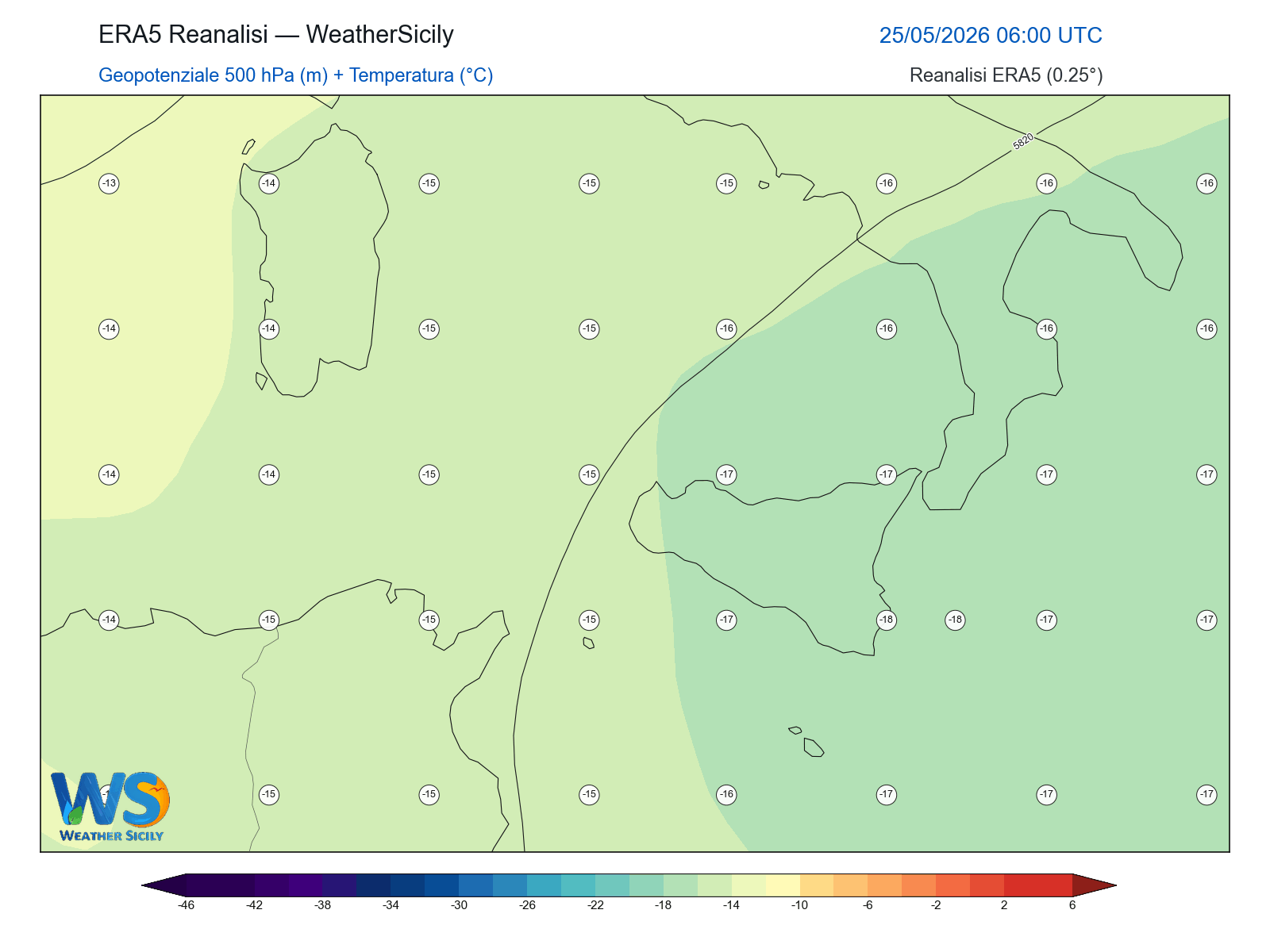 Geopotenziale 500 hPa + Temperatura · 2026052506